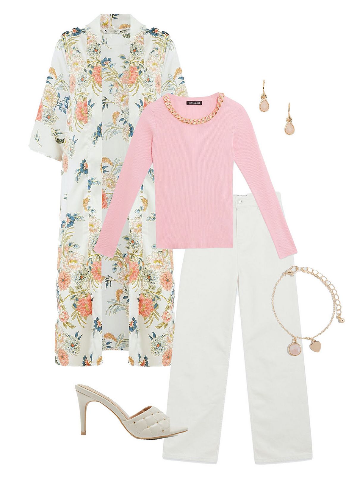 Women's white floral kimono, Women's pale pink quartz bracelet, Women's pal pink tear drop earrings, Women's pale pink chain trim top, Women's wide leg jeans in stone, Women's cream stud heels