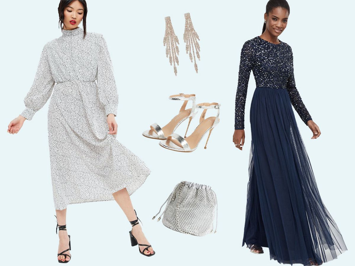 Woman wearing a navy long sleeve sequin maxi dress. Woman wearing a white spot midi dress.