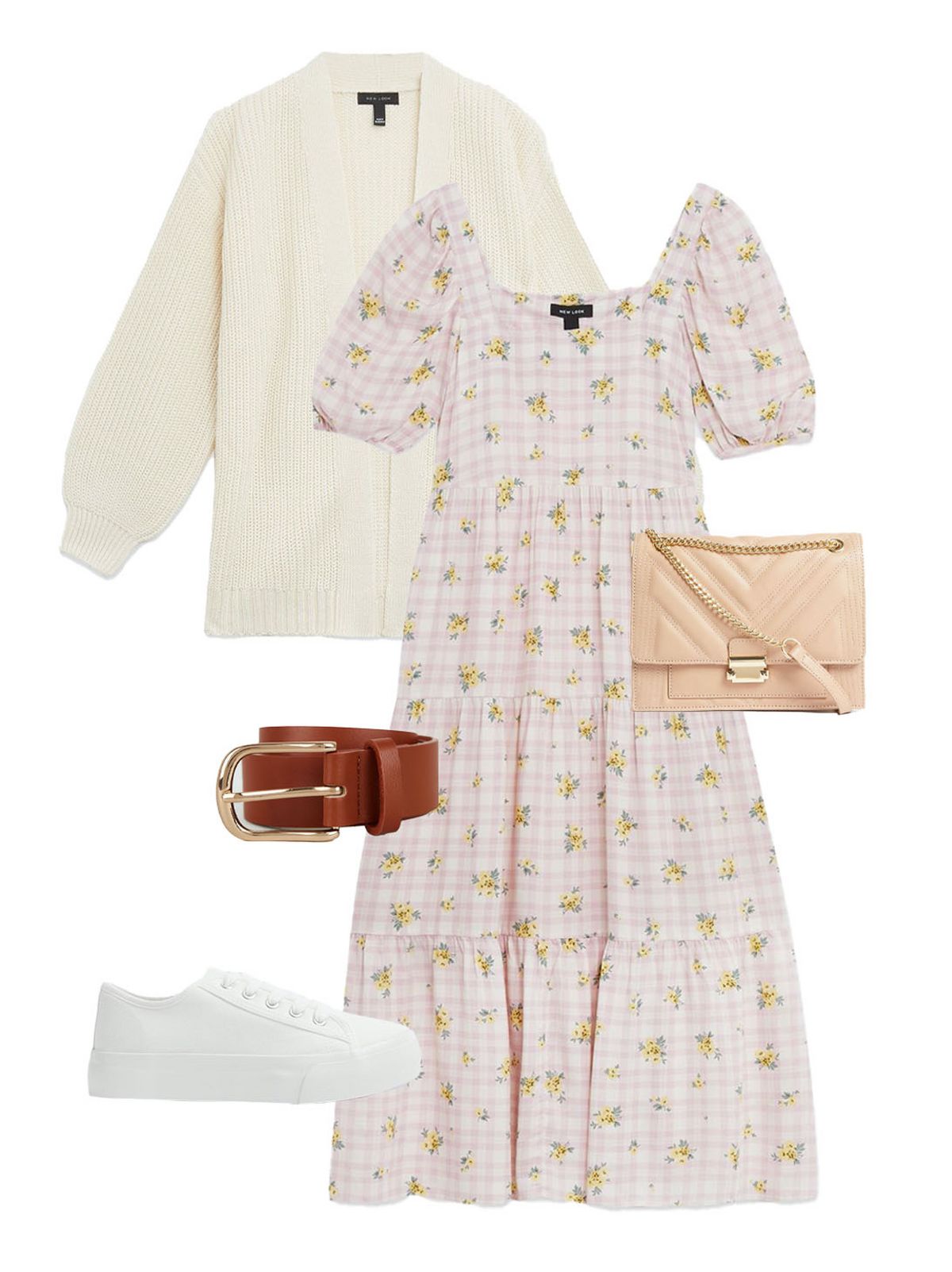 Women's Pink Check Floral Square Neck Tiered Midi Dress, Women's Off White Chunky Knit Puff Sleeve Cardigan, Women's Pale Pink Chevron Leather-Look Cross Body Bag, Women's Tan Leather-Look Hip Belt, Women's White Canvas Lace Up Chunky Trainers