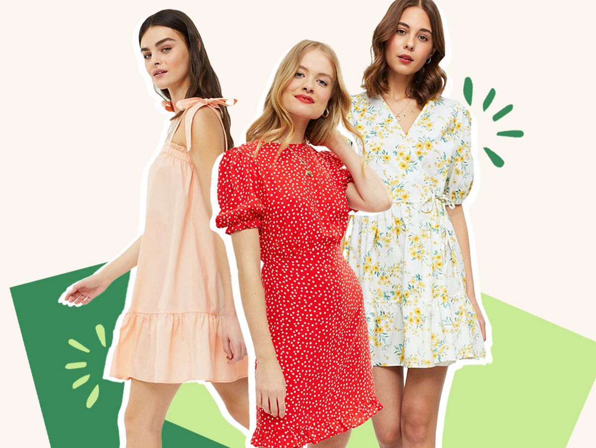 Women wearing a floral wrap mini dress, red puff sleeve mini dress and coral mini sundress.