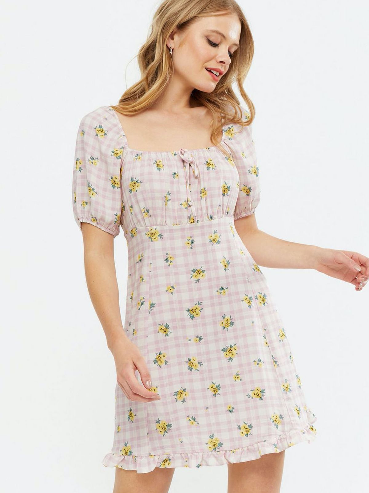 Woman wearing a Pink Floral Check Square Neck Frill Mini Dress