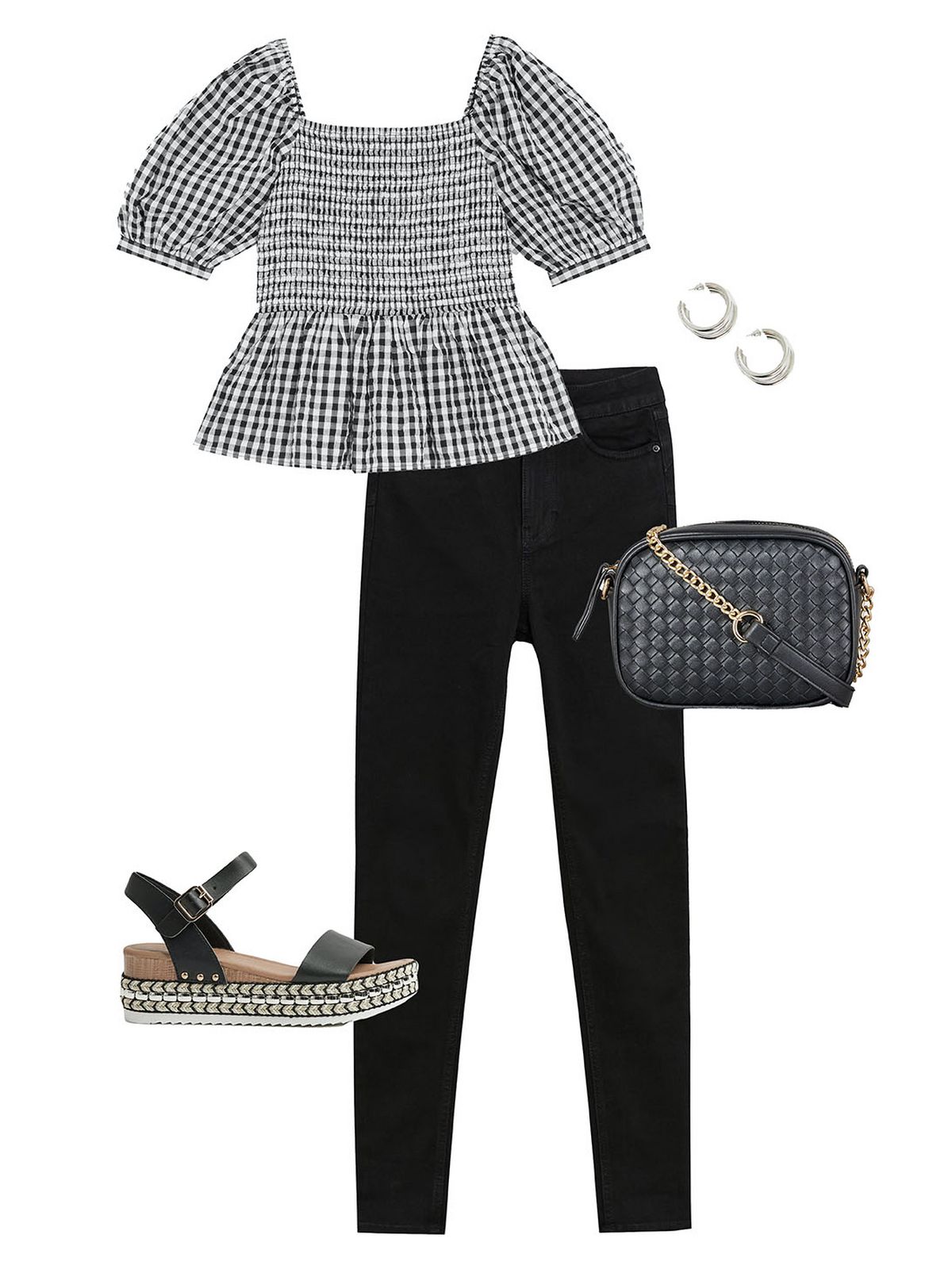 Women's Black Woven Leather-Look Camera Bag   Women's Silver Triple Hoop Earrings   Women's Black Gingham Shirred Square Neck Blouse   Women's Black Lift and Shape Jenna Skinny Jeans   Women's Black Embellished Espadrille Flatform Sandals