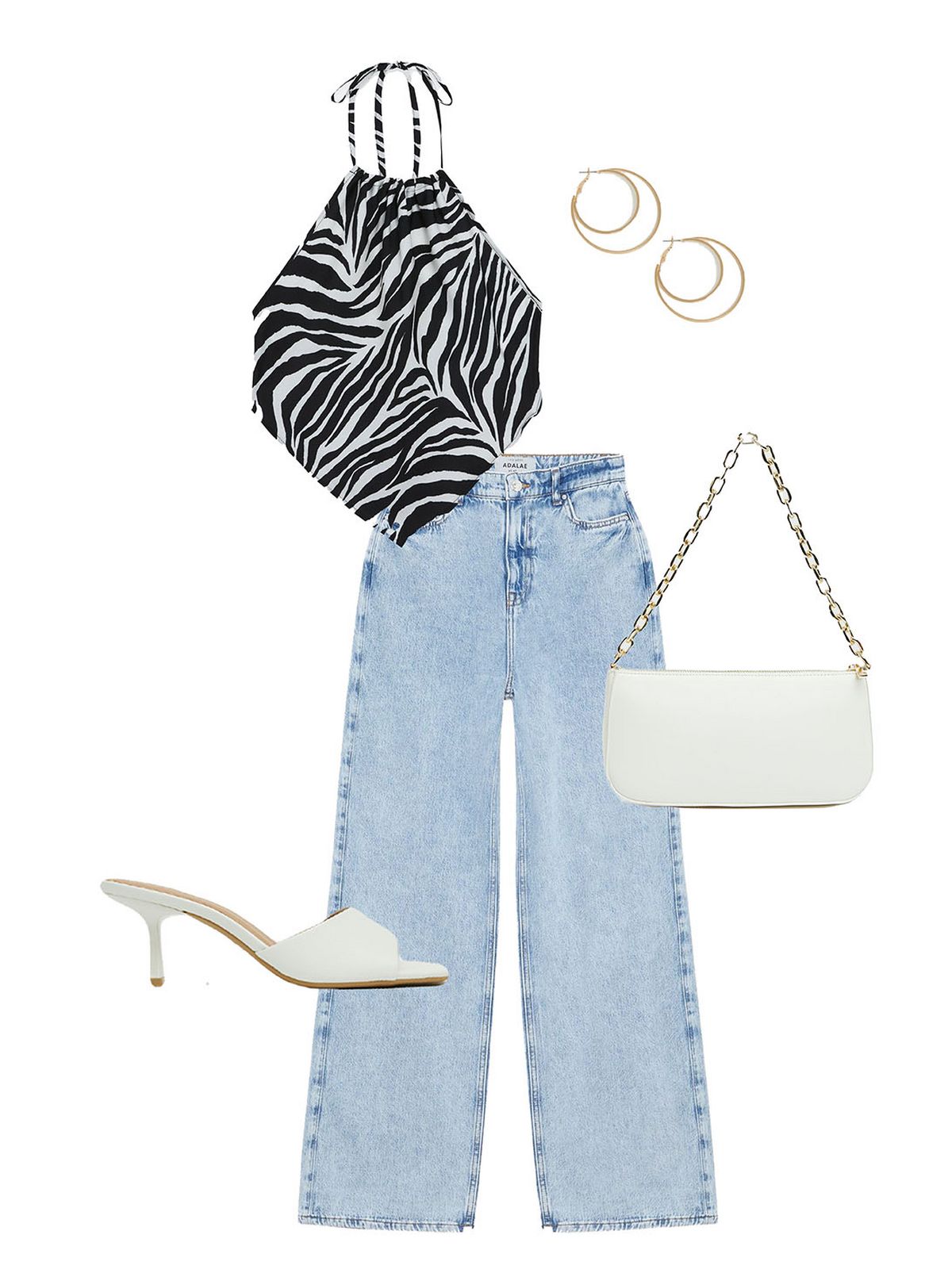 Women's Gold Double Hoop Earrings   Women's White Chunky Chain Shoulder Bag  Women's Black Zebra Print Hanky Hem Halter Cami  Women's Blue Acid Wash High Waist Adalae Wide Leg Jeans  Women's White Leather-Look Square Toe Kitten Heel Mules