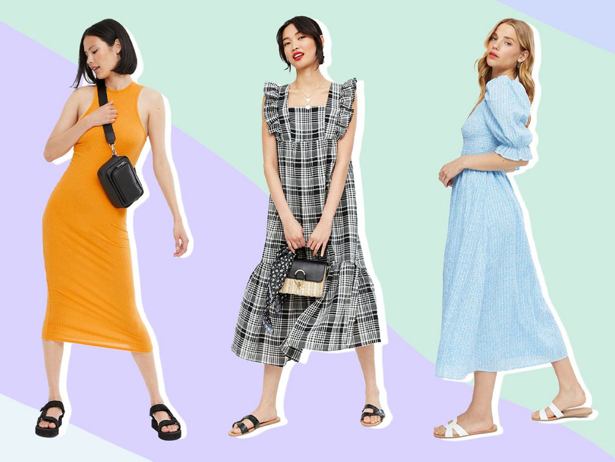 Women wearing a orange bodycon dress, blue puff sleeve midi dress and black check midi dress