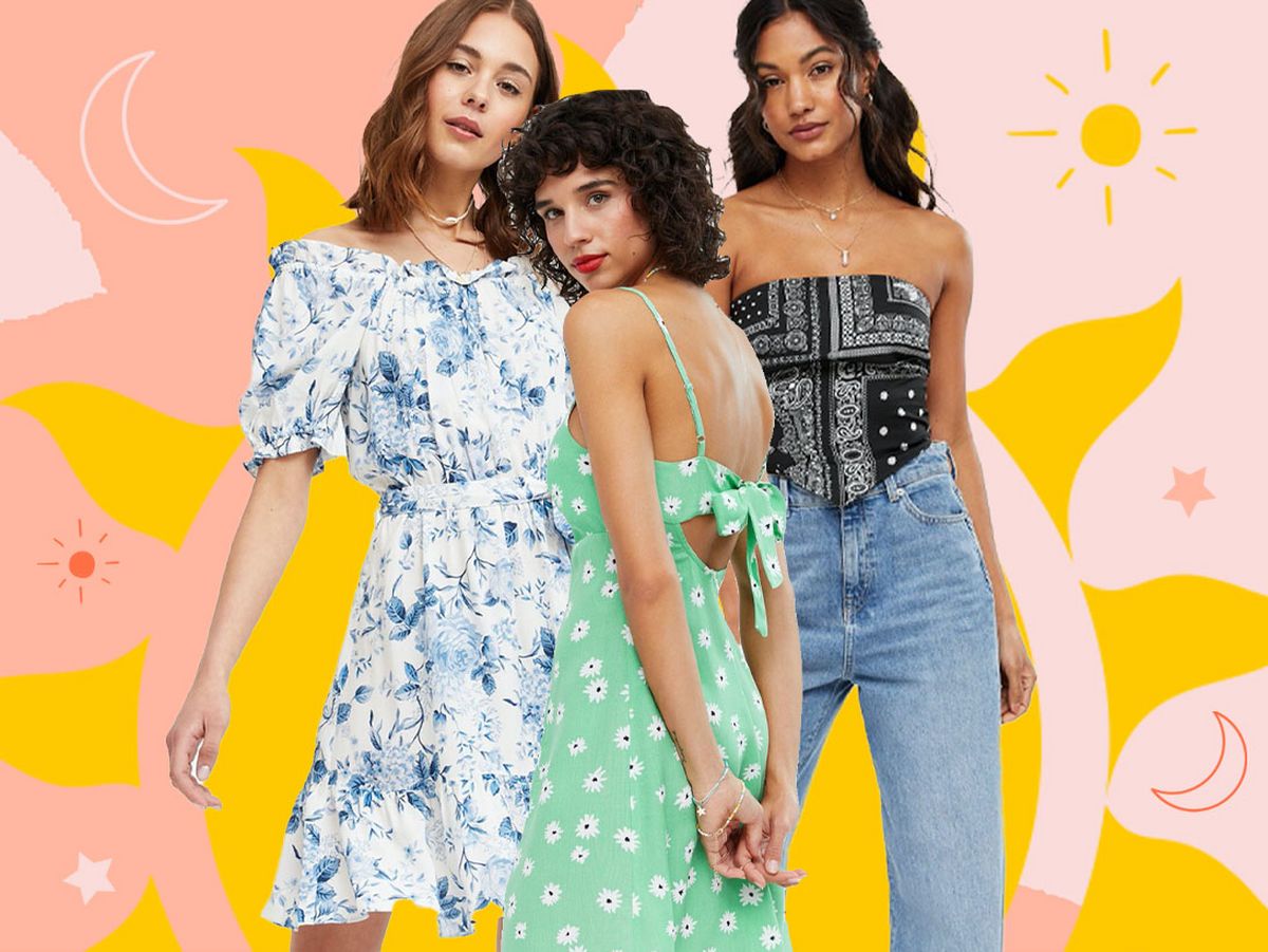 Women wearing summer outfits, a daisy slip dress, bandeau crop top and jeans and a floral belted dress
