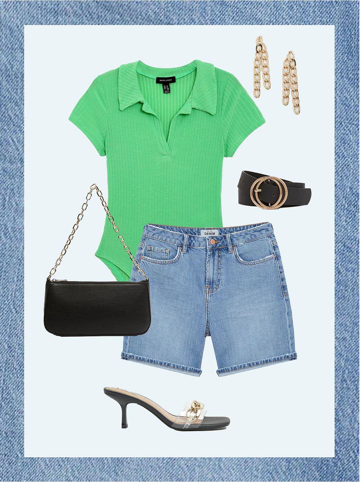 Women's gold chain drop earrings  Women's black chunky chain shoulder bag  Women's green ribbed collared bodysuit  Women's blue denim boyfriend shorts  Women's black leather look double circle belt  Women's black clear chain strap kitten heel mules