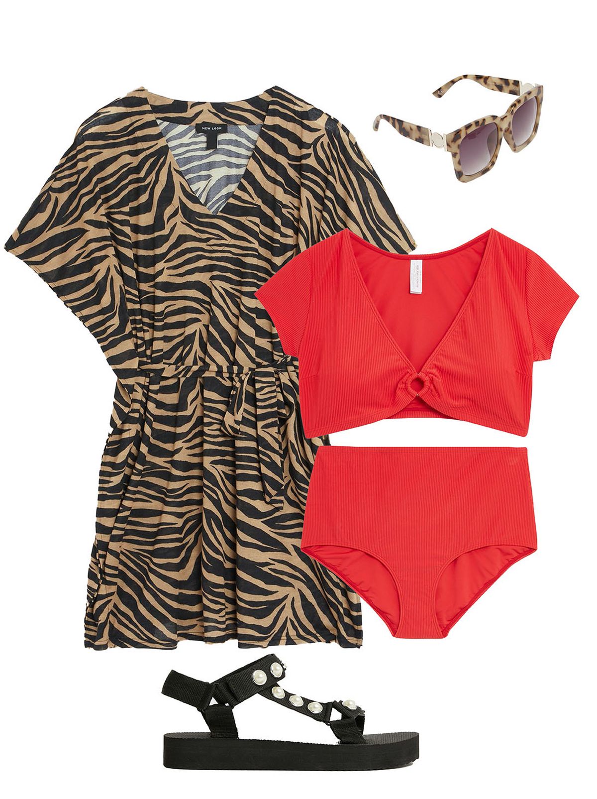 Women's red ribbed ring bikini top  Women's red ribbed high waist bikini bottoms  Women's brown leopard print oversized square frame sunglasses  Women's brown zebra print beach kaftan  Women's black faux pearl chunky flatform sandals