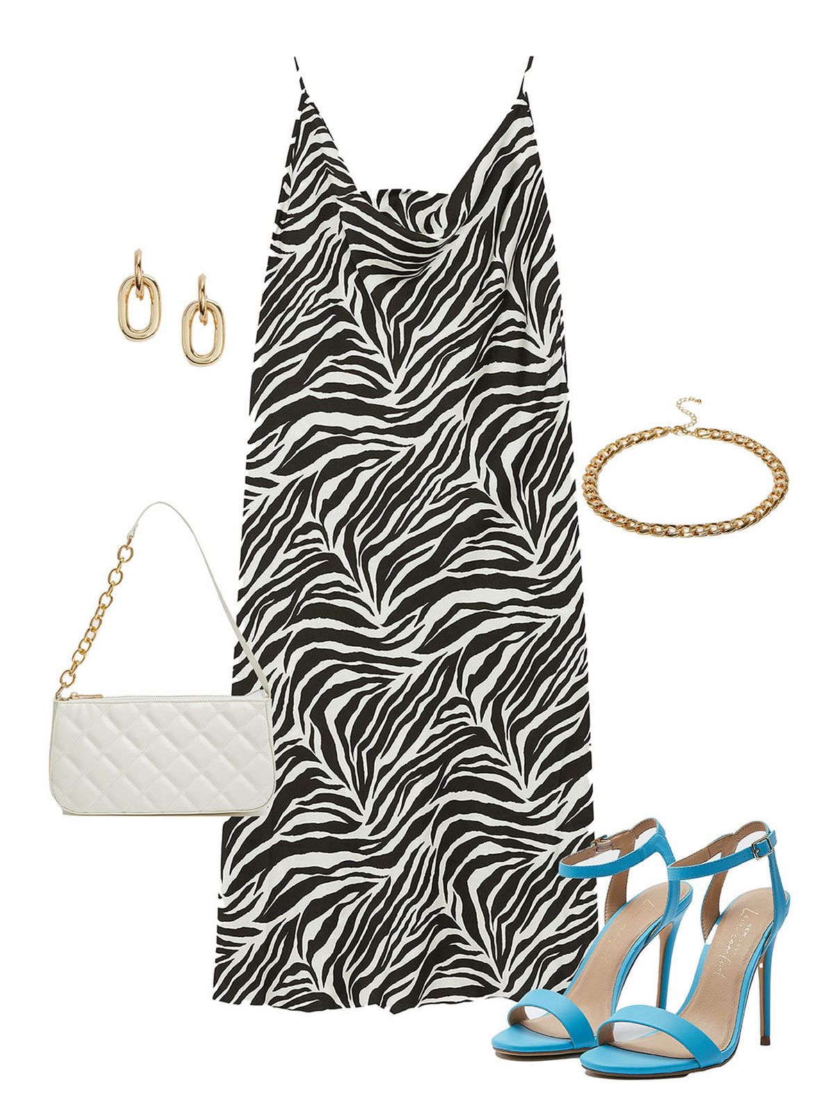 Women's gold plain chunky necklace  Women's white quilted chain shoulder bag  Women's gold interlock oval hoop earrings  Women's black zebra print satin cowl neck midi dress  Women's blue stiletto heel sandals