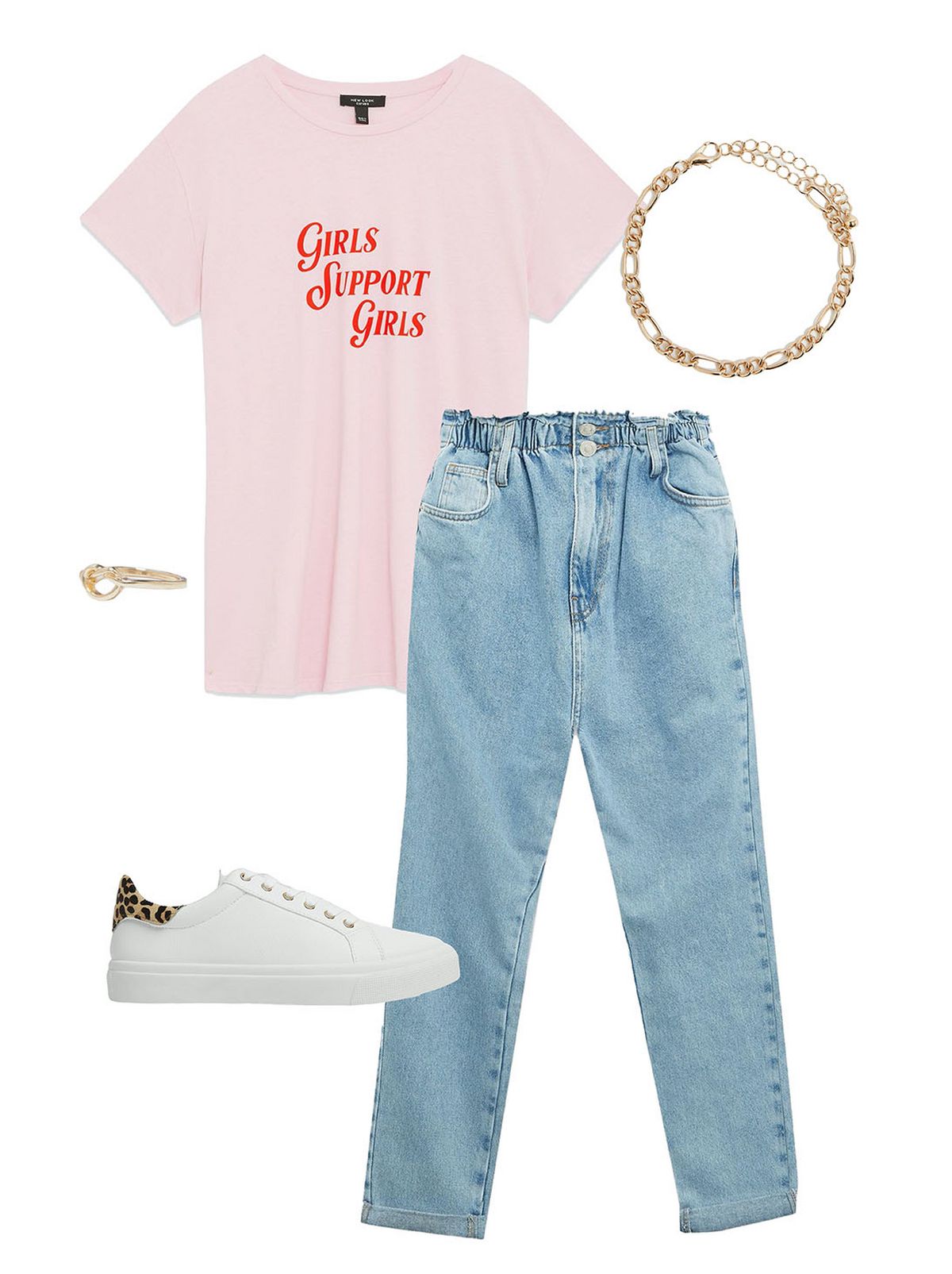 Women's pink 'girls support girls' logo t-shirt  Women's blue high waist tapered jeans  Women's white leather leopard print chunky trainers  Women's gold chain bracelet  Women's gold twist knot ring