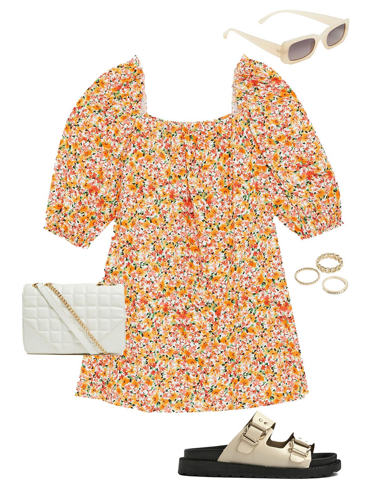 Women's cream slim rectangle sunglasses  Women's gold chain stacking rings  Women's white floral square neck mini dress  Women's off white leather look buckle strap sliders  Women's white quilted cross body bag
