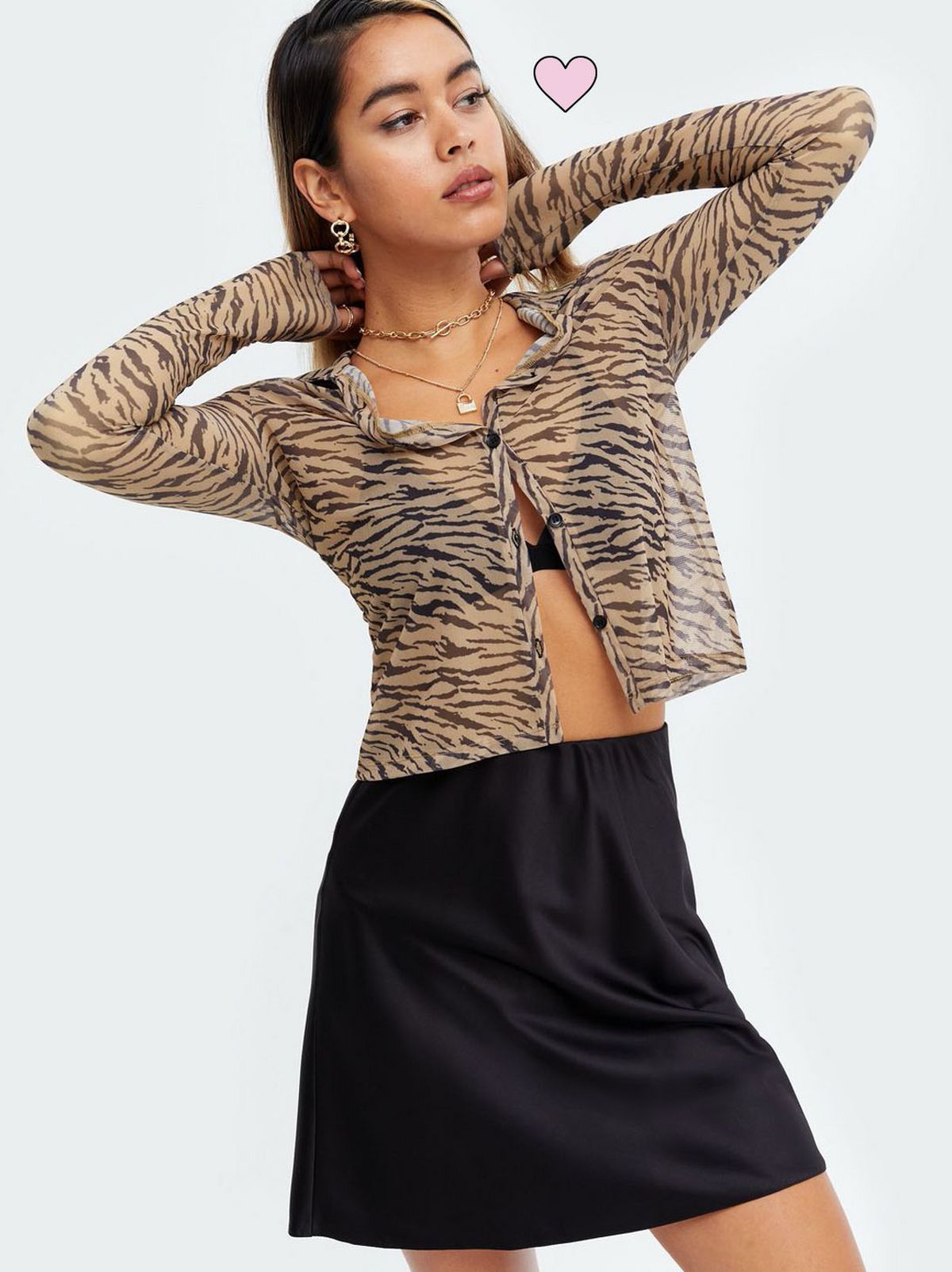 Woman wearing a brown zebra print mesh crop shirt and a black skirt