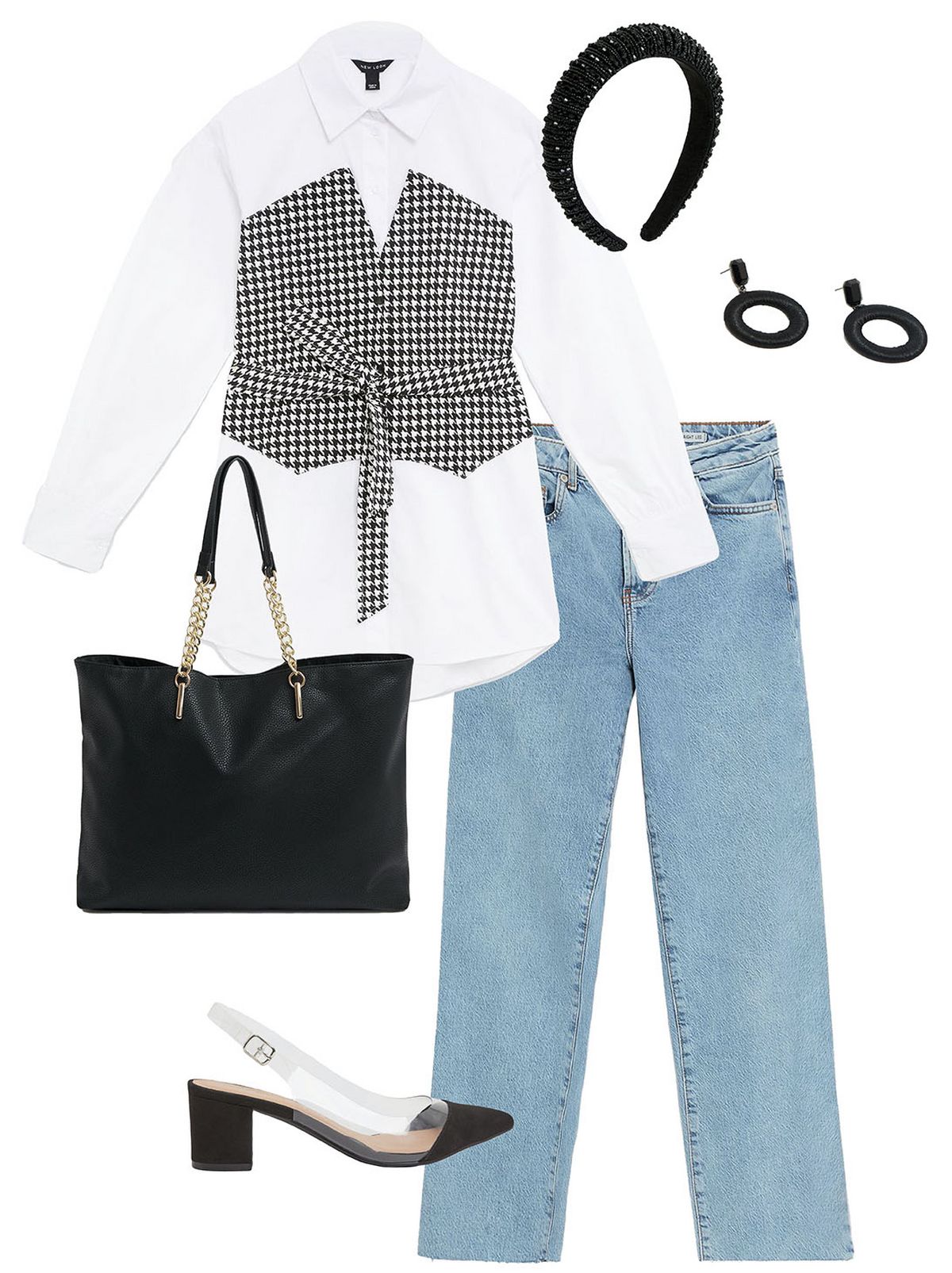 Women's white dogtooth 2 in 1 corset shirt  Women's blue vintage wash jeans  Women's black clear block heel court shoes  Women's black beaded headband  Women's black gem drop stud earrings  Women's black leather look chain strap tote bag