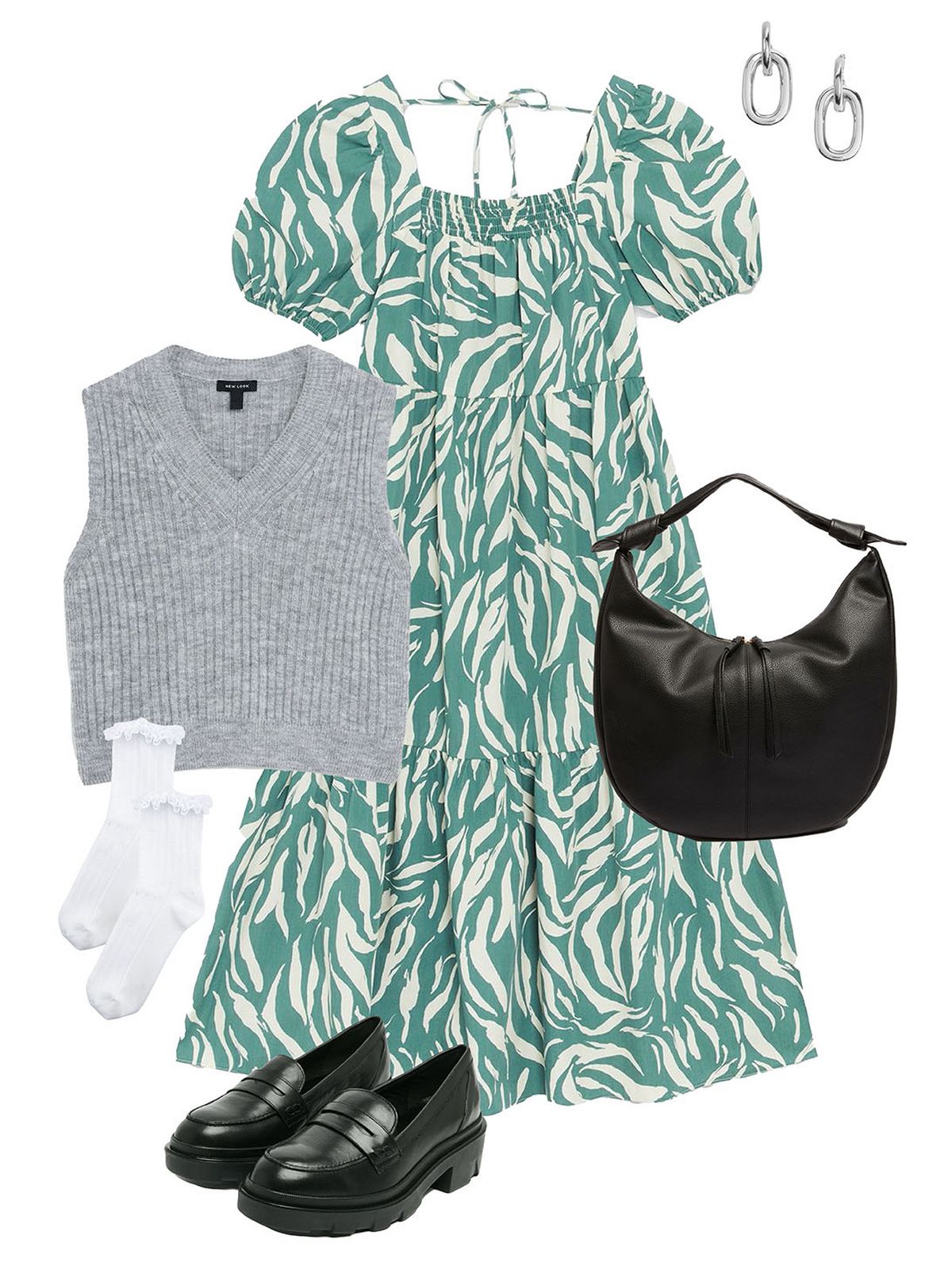 Women's grey ribbed v neck vest jumper  Women's green zebra print poplin midi smock dress  Women's silver interlock oval hoop earrings  Women's white cable frill trim socks  Women's black leather look slouchy tote bag