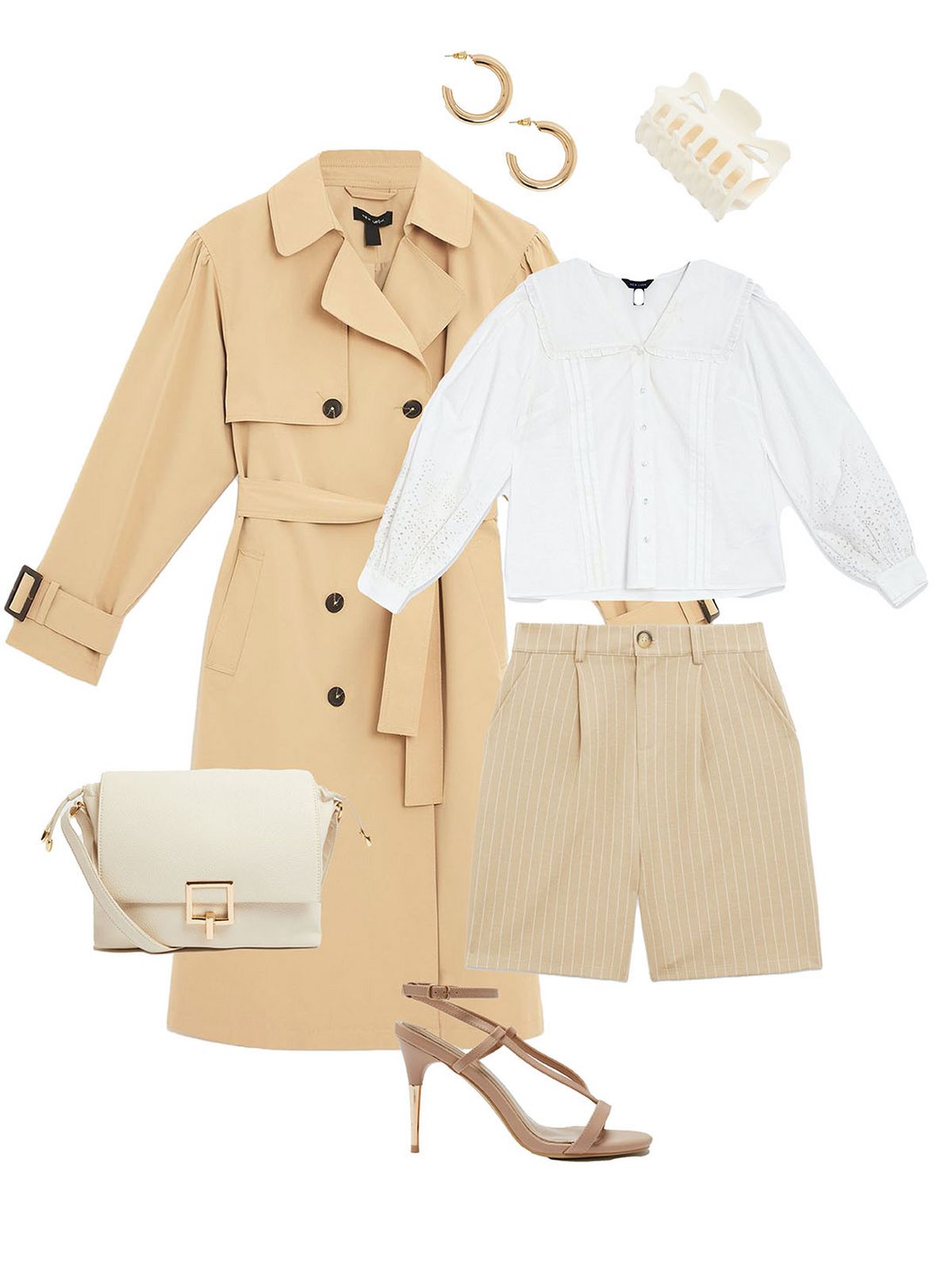 Women's stone puff sleeve belted trench coat  Women's off white frill collar broderie sleeve shirt  Women's brown stripe high waisted shorts  Women's cream leather look drawstring cross body bag  Women's cream bulldog claw clip and chunky hoop earrings