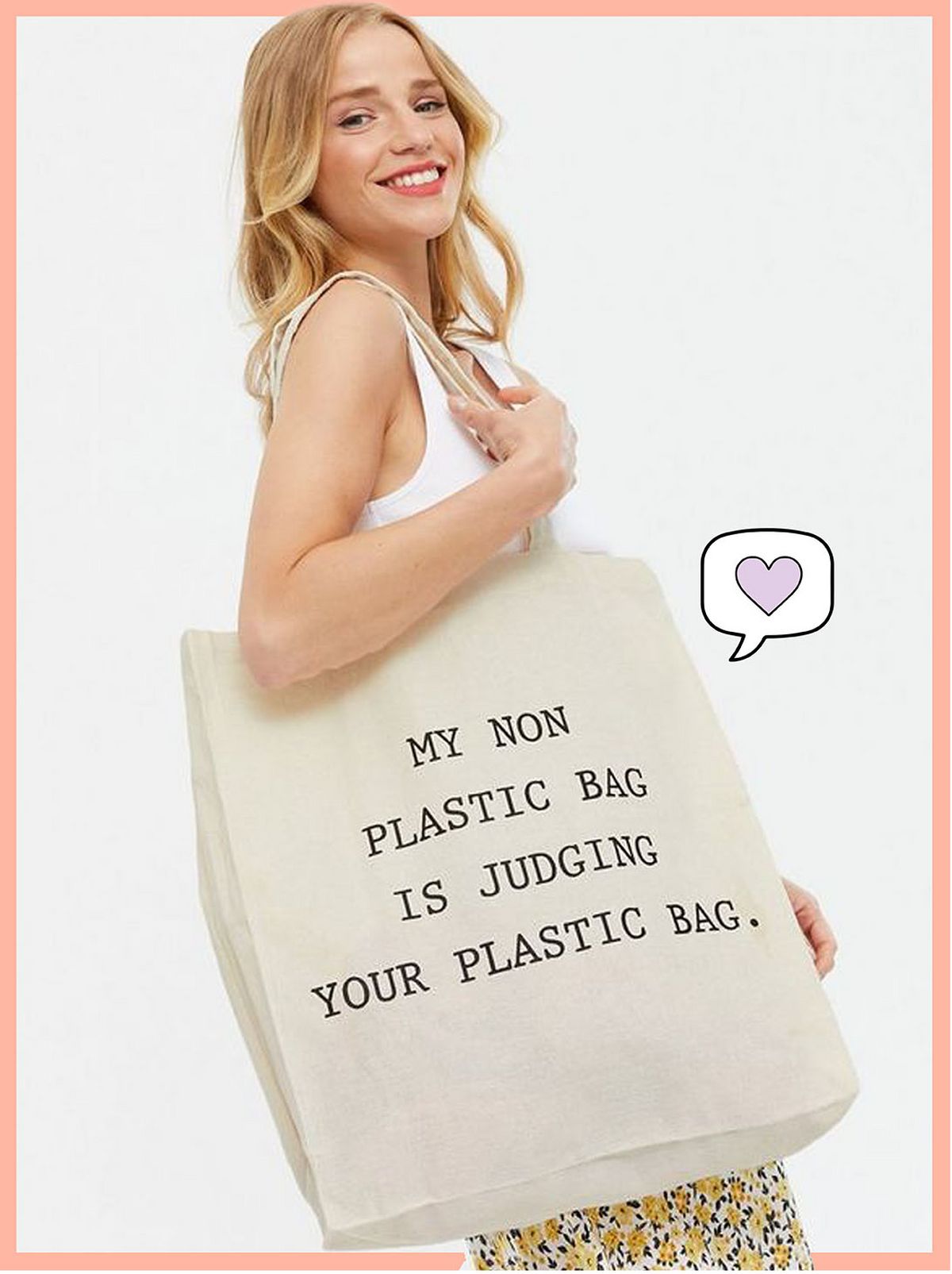 Woman carrying a cream 'Non Plastic Bag' canvas tote bag wearing a white top and floral skirt