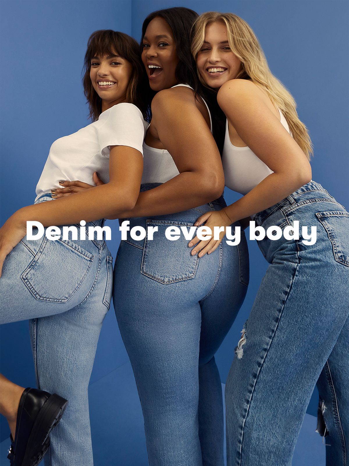 Models wear blue denim jeans paired with white t-shirt and vest top