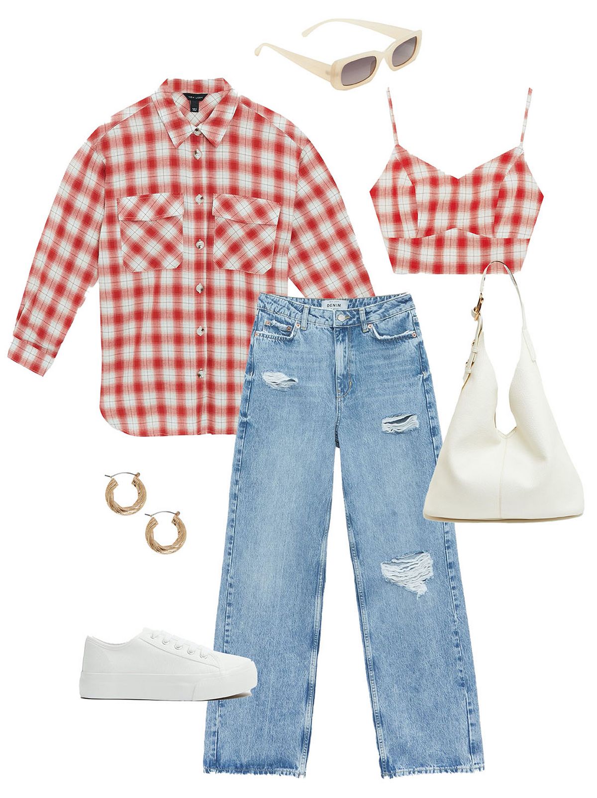 Women's Co-ord and jeans outfit with jeans, trainers and accessories