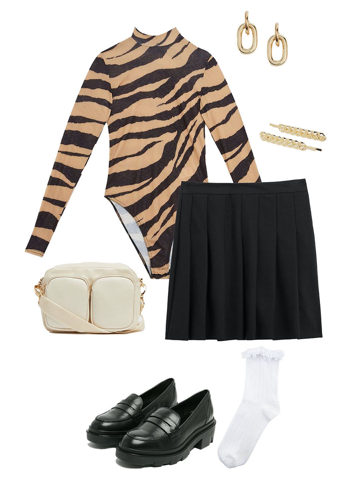 Women's bodysuit and mini skirt with loafers, handbag and jewellery