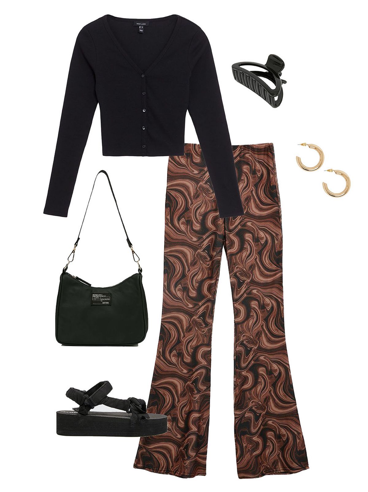 Women's flares and cardigan with sandals and accessories