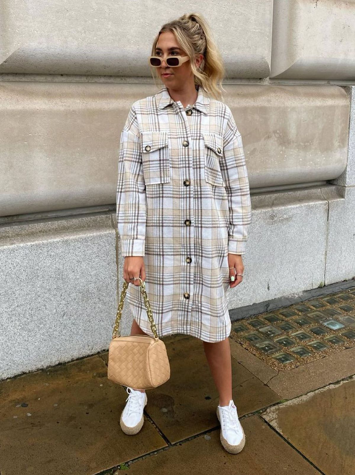 New Look's Agata Weiss wearing a checked shirt dress