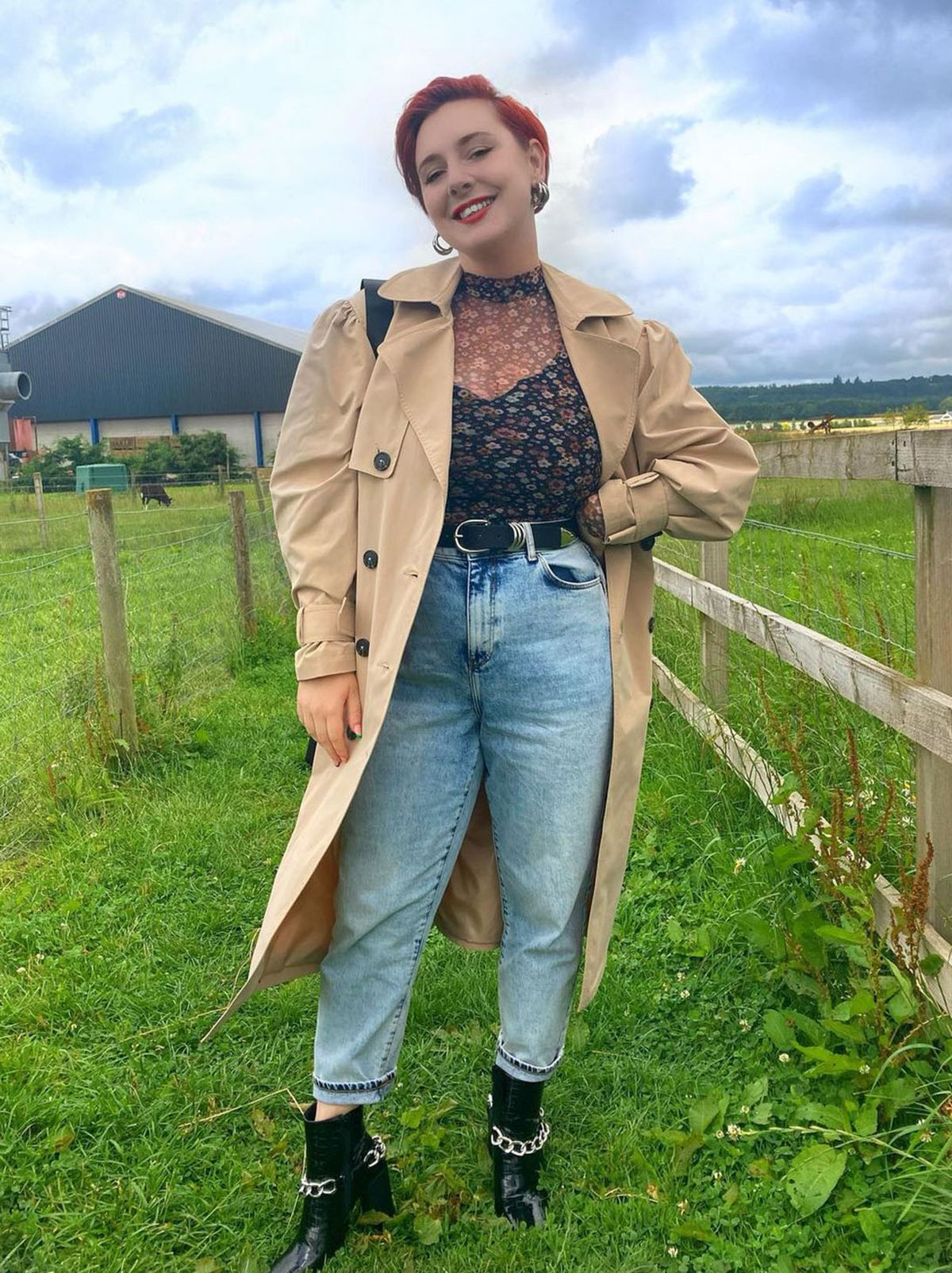 New Look's Kaitlin McPhee wearing blue jeans, mesh top and cream trench coat