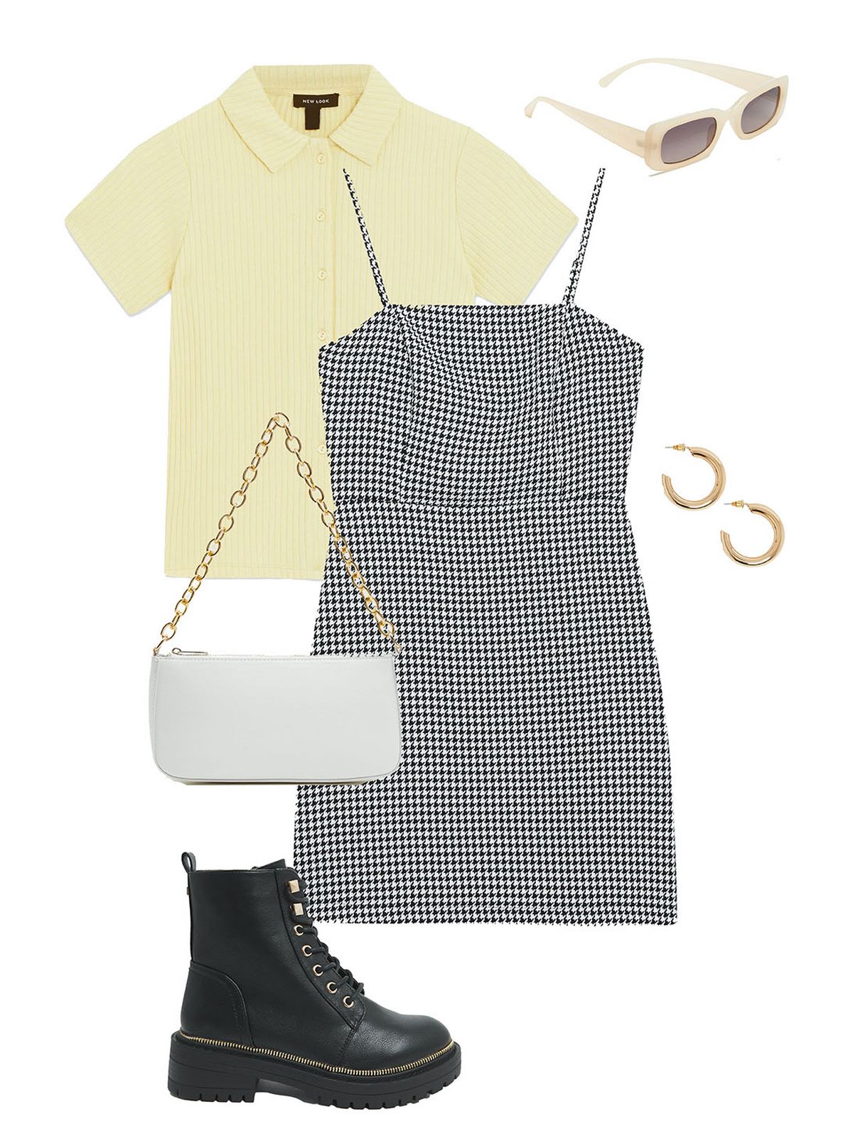 Women's white faux croc chunky chain shoulder bag, cream slim rectangle sunglasses, gold chunky hoop earrings, pale yellow fine knit button collared polo top, black dogtooth square neck mini dress and black leather look chunky boots