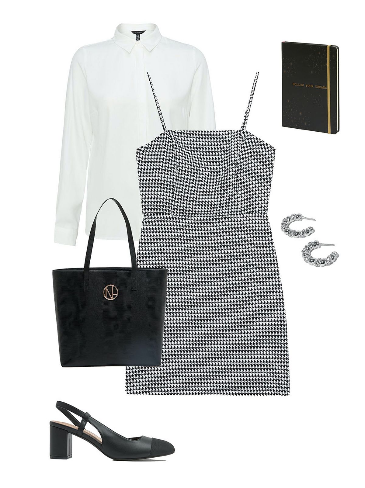 Women's silver chunky plaited hoop earrings, black mystic logo notebook, white long sleeve button up shirt  Women's black dogtooth square neck mini dres, black toecap block heel court shoes and black faux snake tote bag