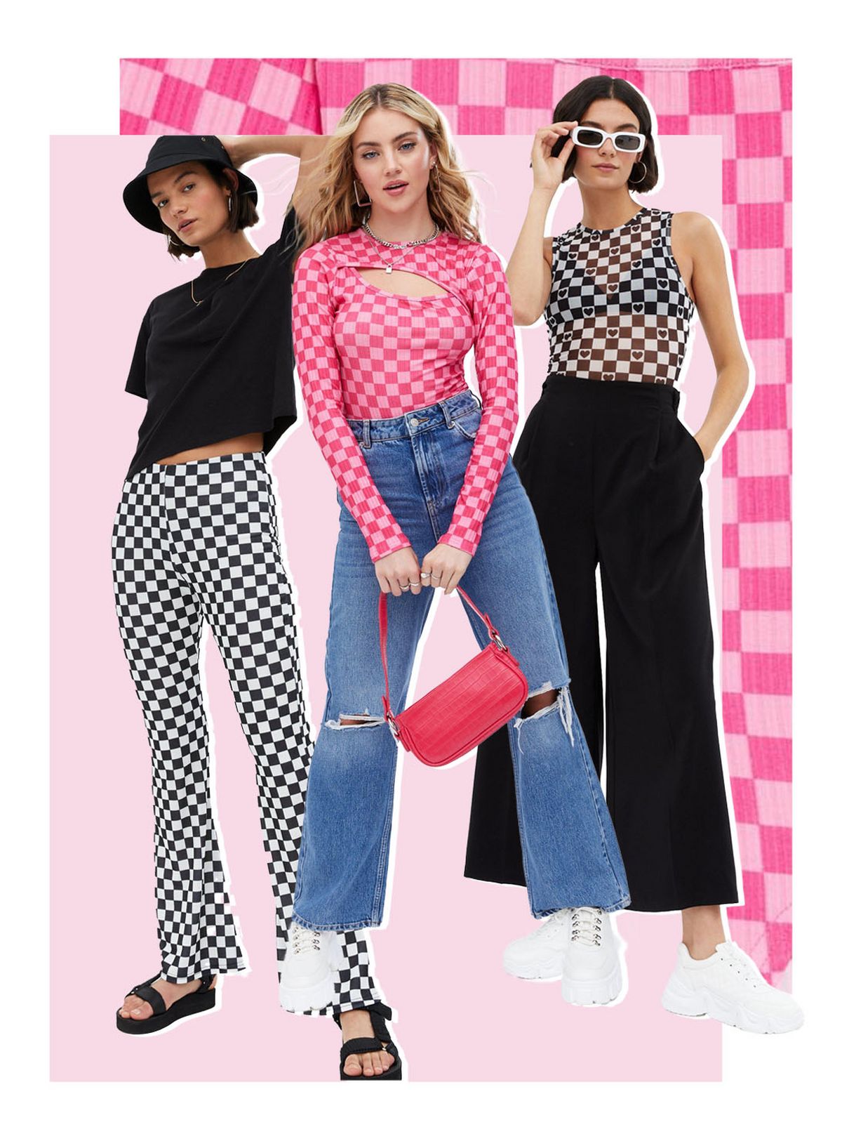 Women wearing checkerboard print clothing: bodysuits and trousers