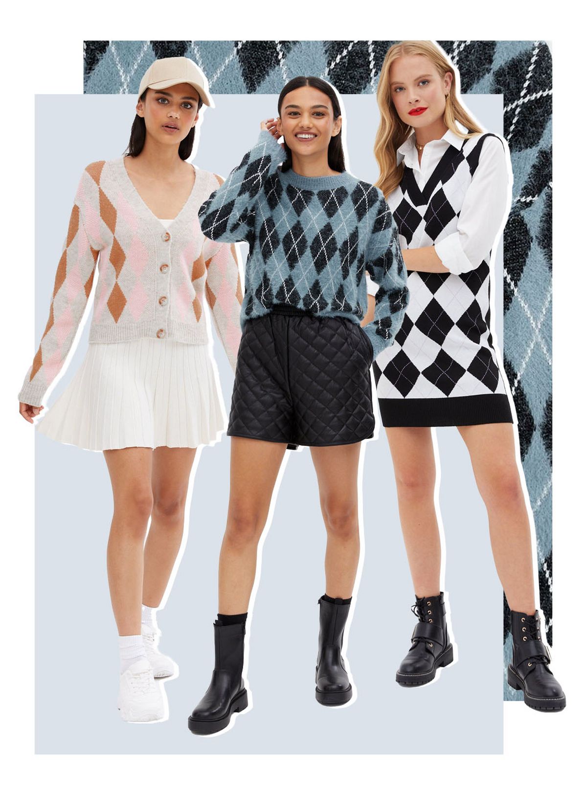 Women wearing argyle print clothing: jumpers, cardigans and shirt dresses