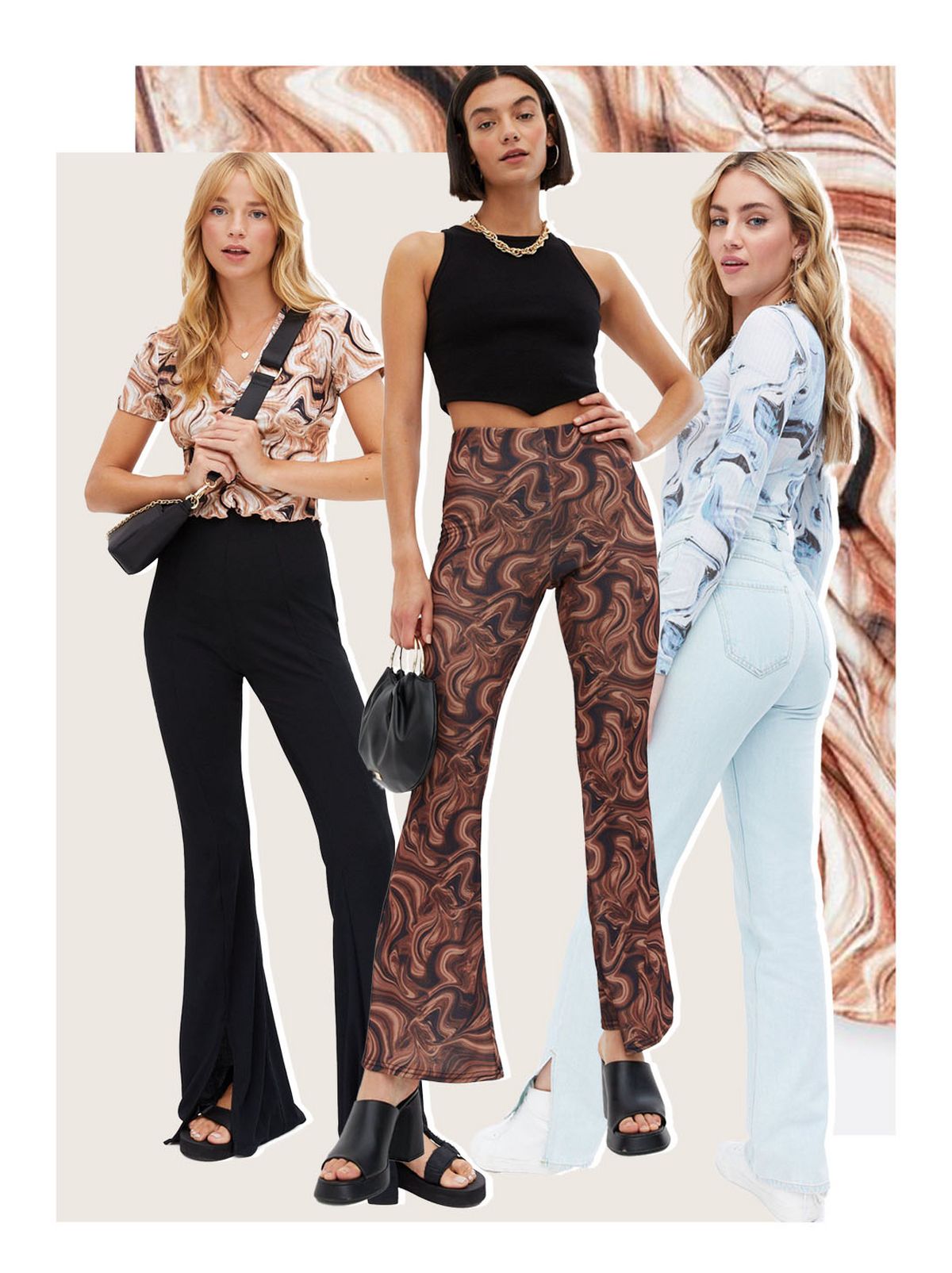 Women wearing marble print clothing: bodysuit, shirt and trousers