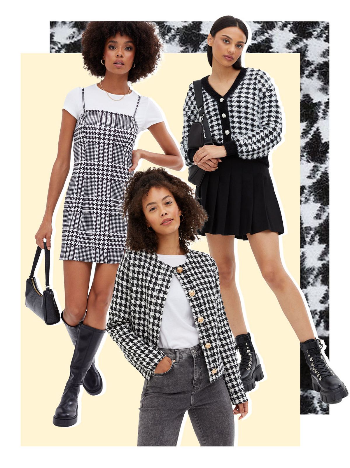 Women wearing dogtooth print clothing: pinafore dress, blazer and cardigan