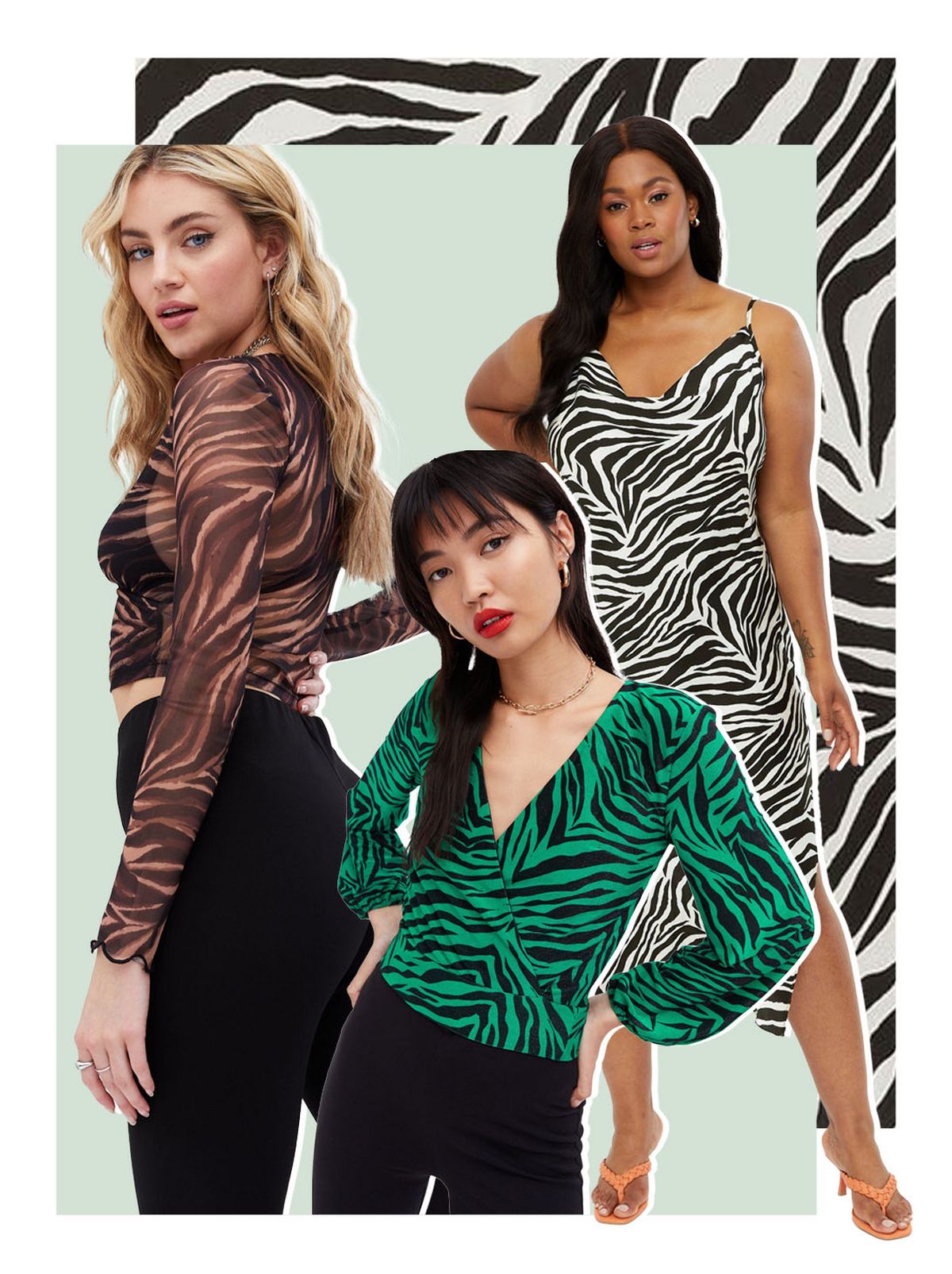 Women wearing zebra print clothing: tops and midi dress