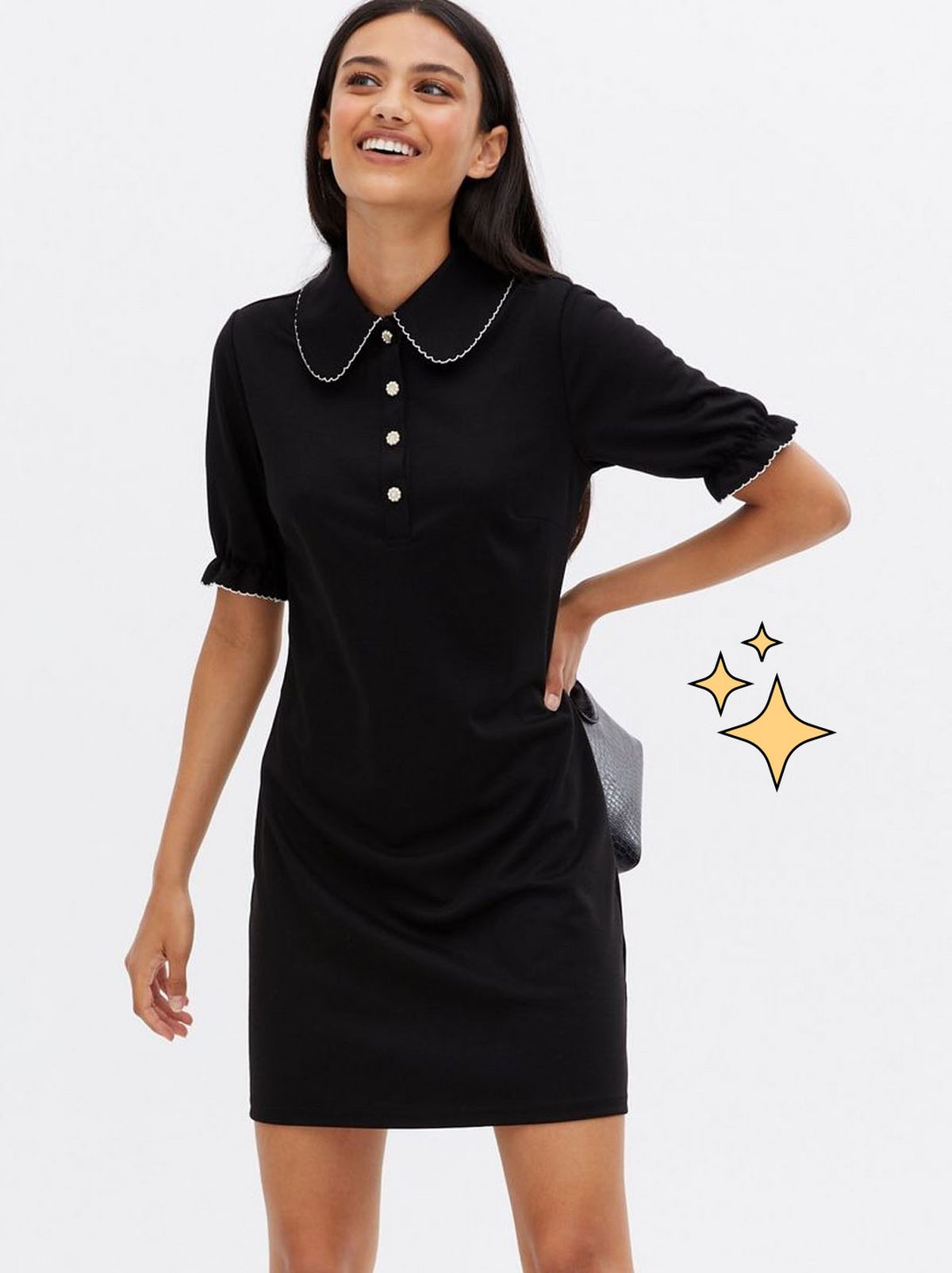 Emily Atack New Look collection Black Jersey Embroidered Collar Mini Dress