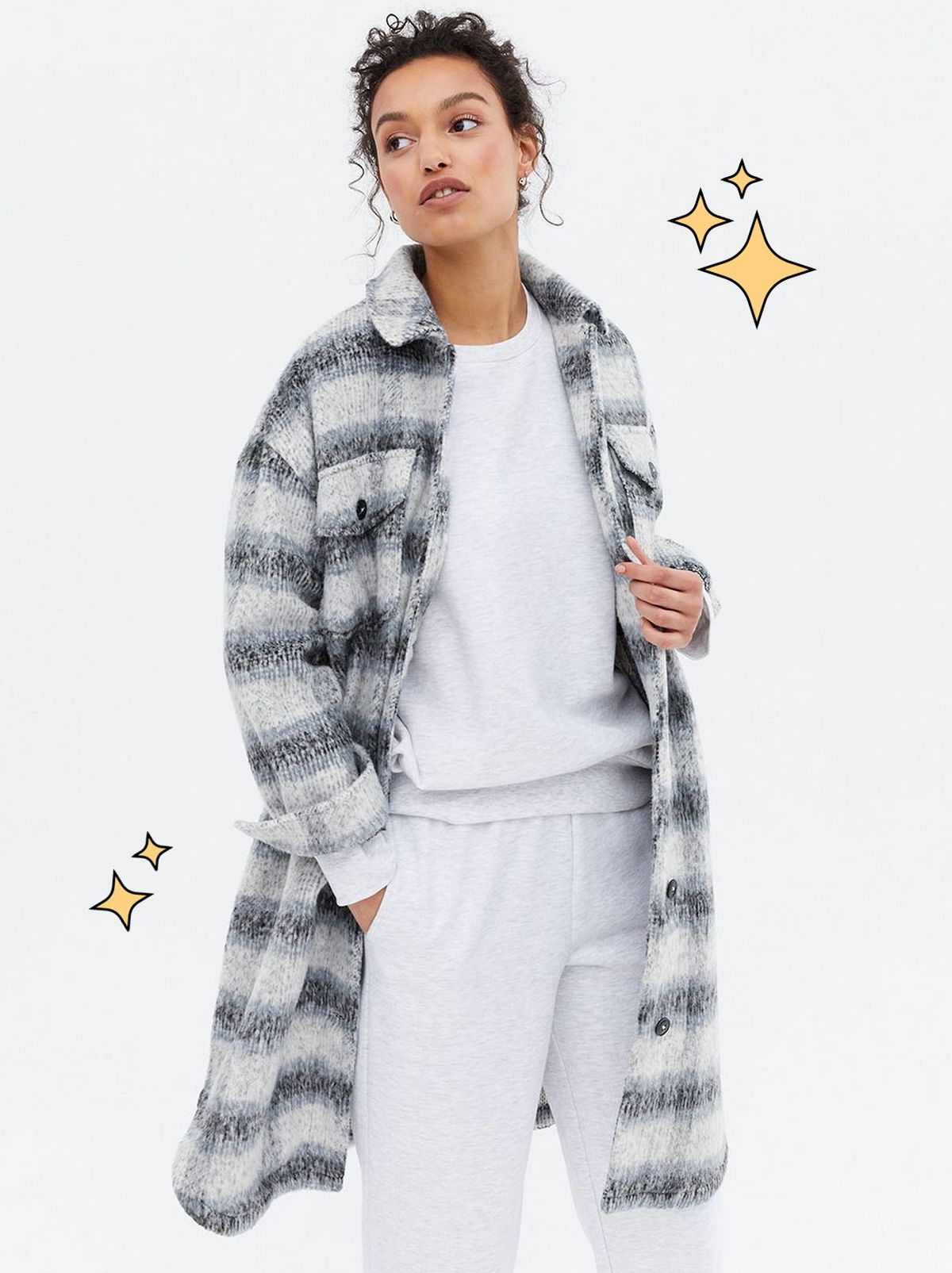 Emily Atack New Look collection Light Grey Check Brushed Long Shacket