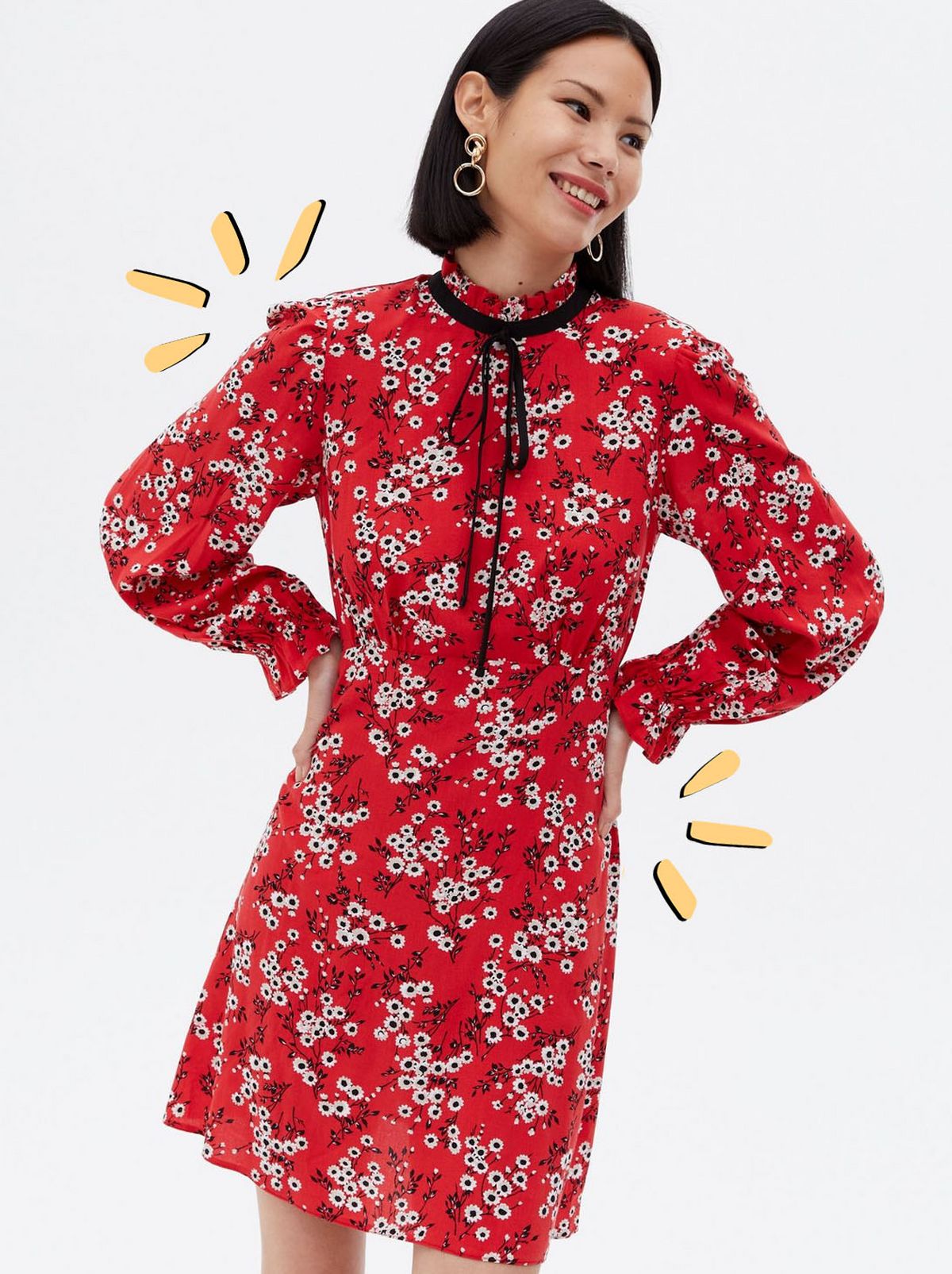Emily Atack New Look collection Red Ditsy Floral Tie High Neck Mini Dress