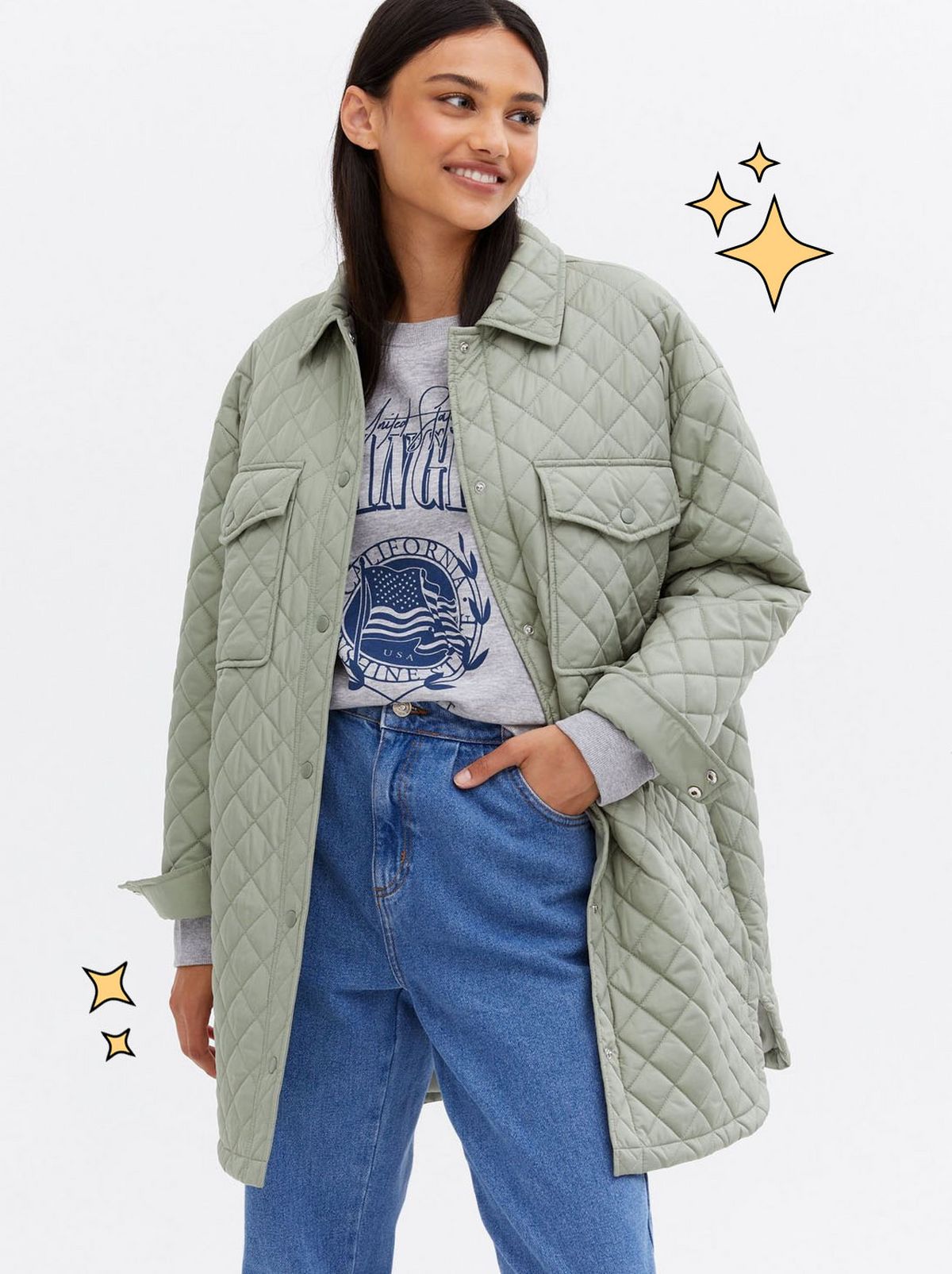 Emily Atack New Look collection Light Green Quilted Pocket Front Shacket