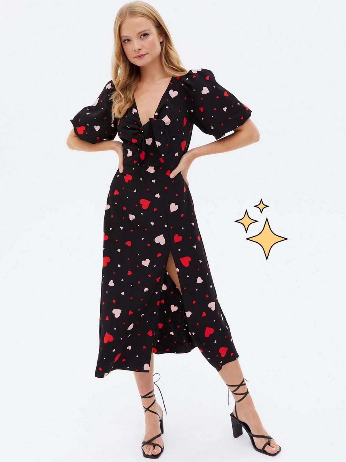 Emily Atack New Look collection Black Heart Tie Front Midi Dress