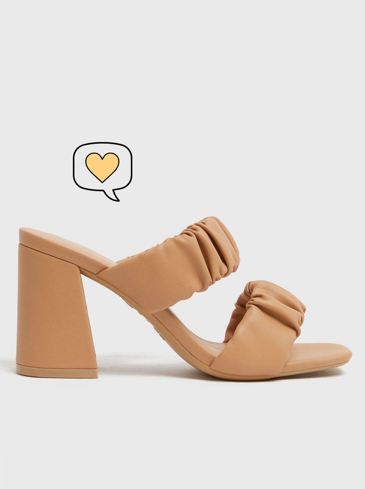 Emily Atack New Look collection Camel Ruched Double Strap Block Heel Mules