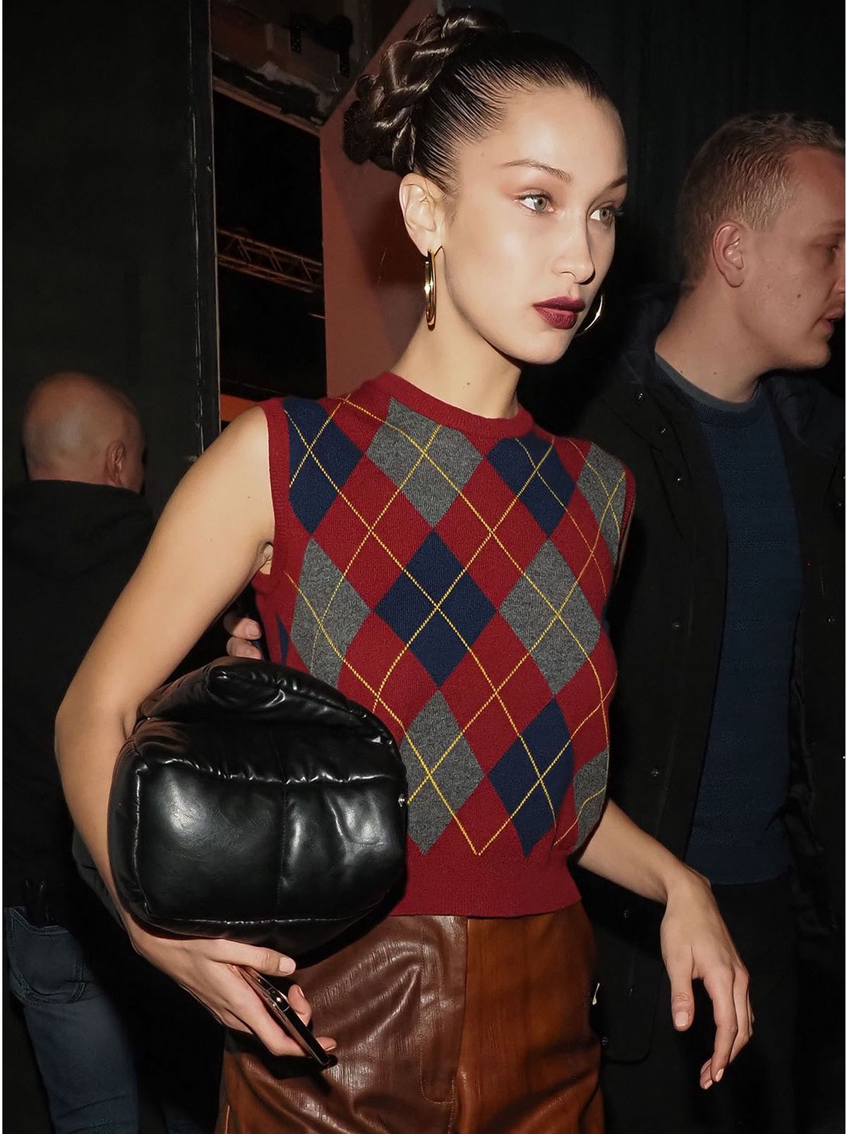 Bella Hadid wearing an argyle patterned knitted vest