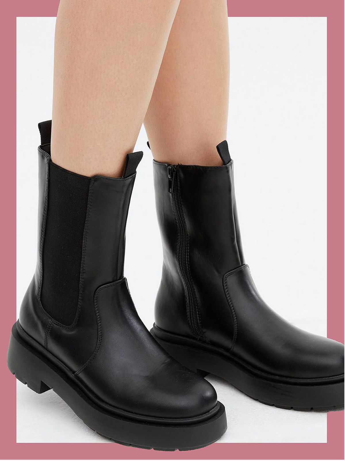Woman wearing Black High Ankle Chunky Boots