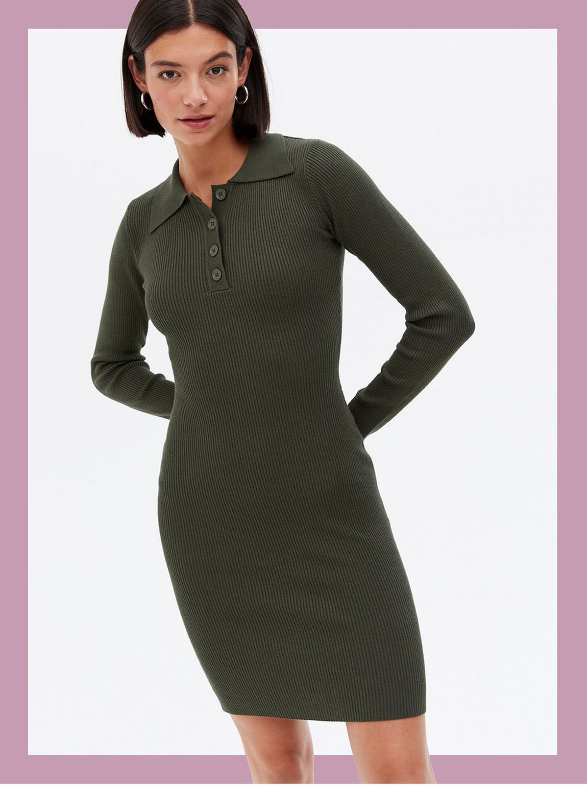 Women wearing Khaki Ribbed Knit Button Front Collared Mini Dress 