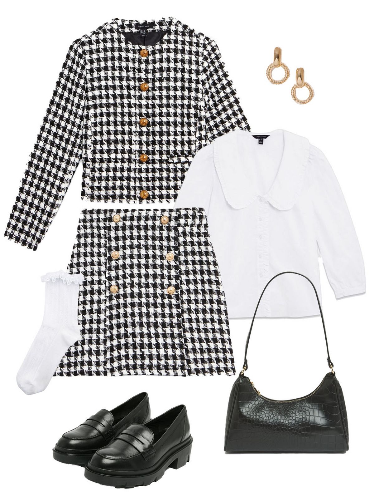 Black dogtooth button jacket and skirt   White frill collar long puff sleeve shirt   Black leather penny loafers   White cable frill trim socks  Black wool blend beret   Black faux croc shoulder bag   Gold circle drop earrings