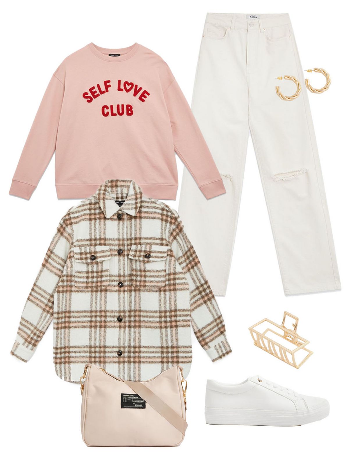 Off white check shacket  Pink self love club heart logo sweatshirt Off white ripped high rise sinead baggy fit jeans   White leather look lace up flatform trainers  Pink tab front shoulder bag   Gold rectangle claw clip   Gold twisted chunky hoop earrings