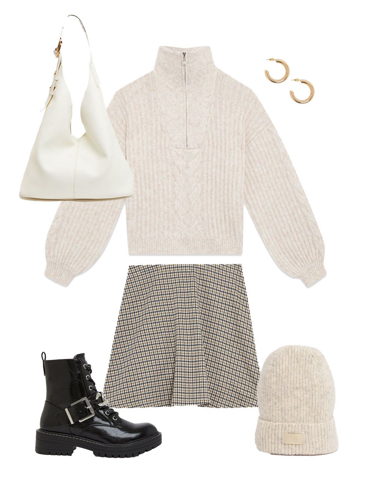 Cream cable knit zip high neck jumper  Brown check flippy mini skirt  Black leather look chain buckle chunky boots  Women's cream rRibbed tab front beanie  Cream leather look button strap tote bag  Gold chunky hoop earrings