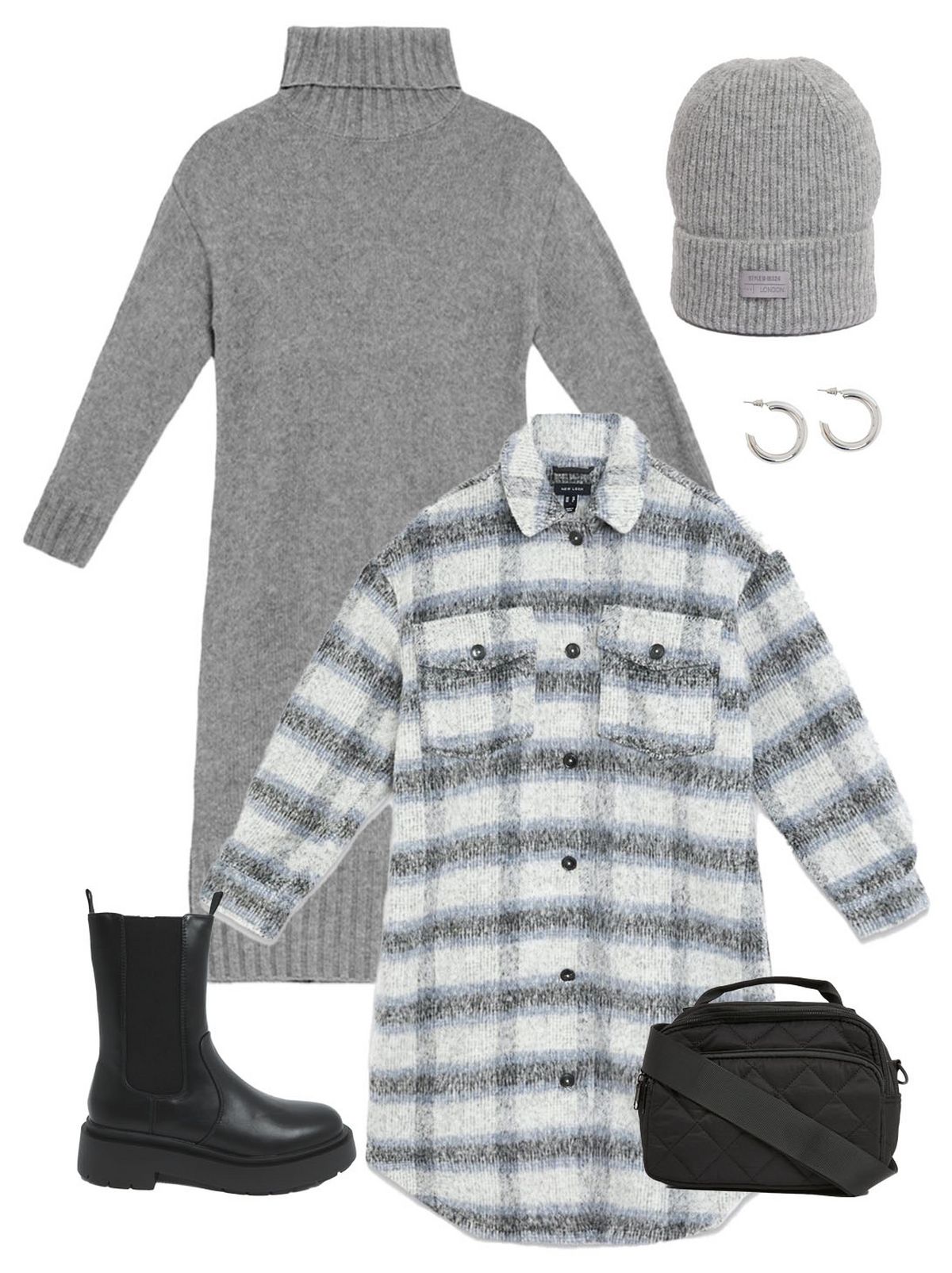 Light grey check brushed long shacket  Grey knit roll neck midi dress Black high ankle chunky boots  Grey ribbed tab front beanie  Pieces black quilted cross body bag   Silver chunky hoop earrings