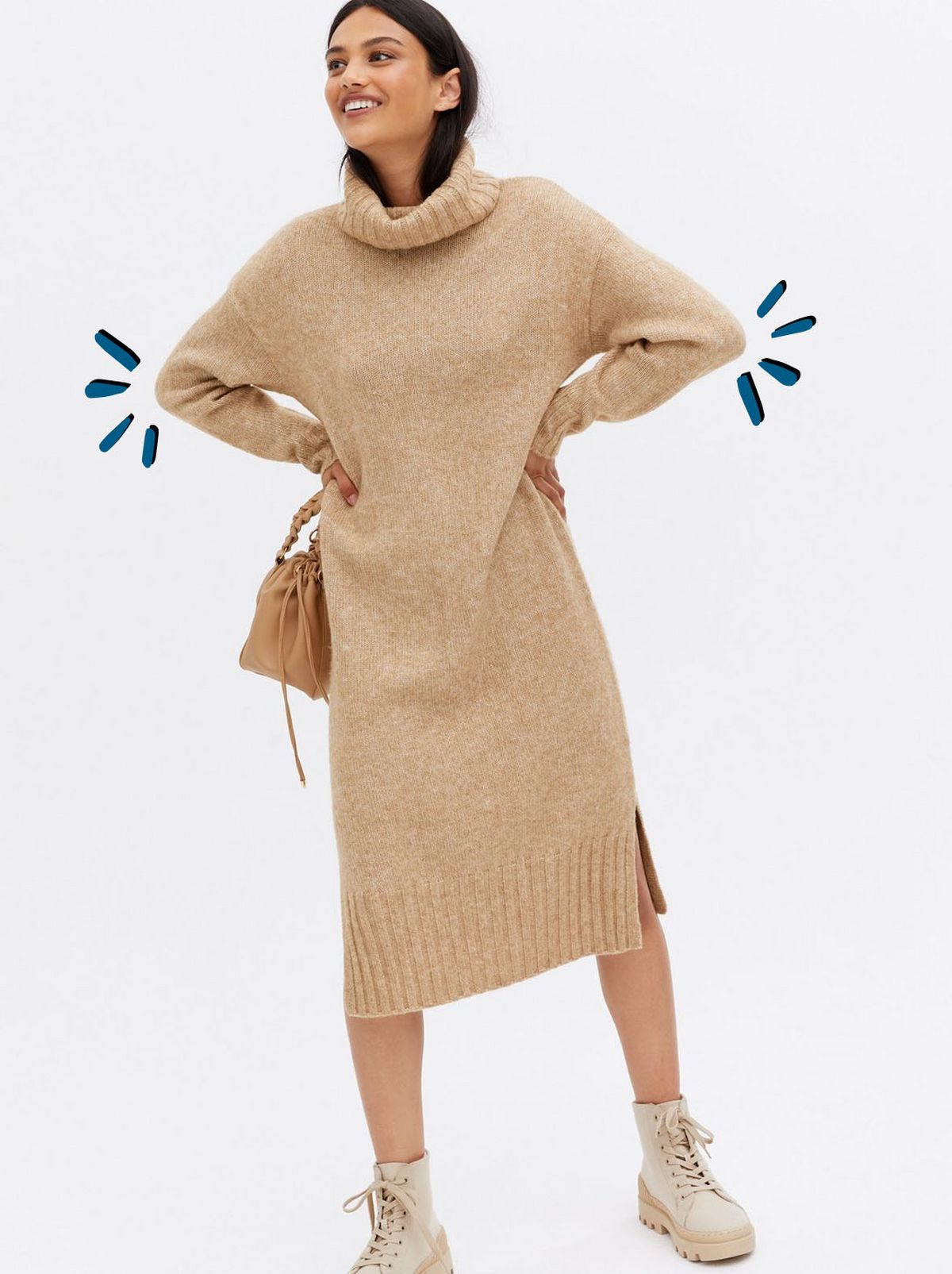 Woman wearing a camel knit roll neck midi dress