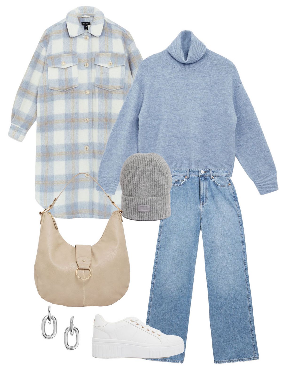 Women's blue check oversized shacket, Women's grey knit roll neck midi dress, Women's large black bulldog clip, Women's black lace up chunky biker boots, Women's black faux snake logo cross body bag