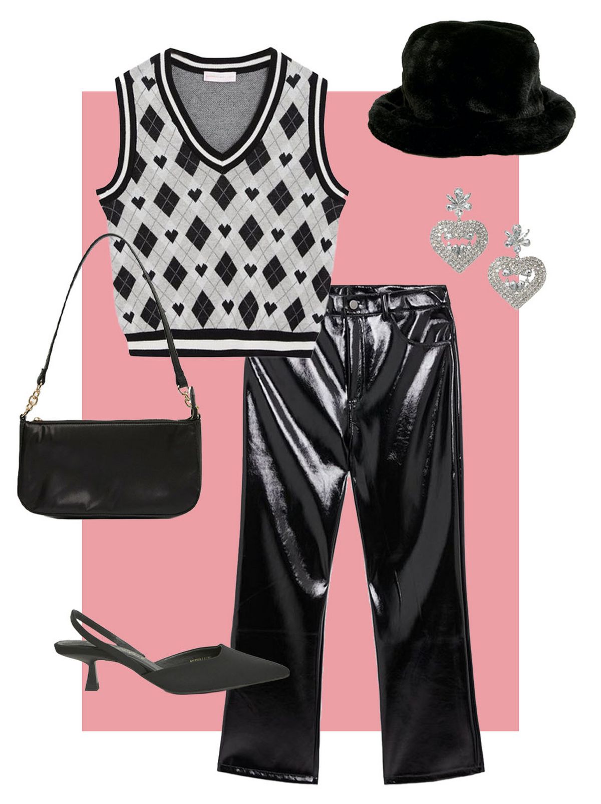 Anne-Marie black argyle sleeveless jumper vest  Anne-Marie black black vinyl leather look trousers  Anne-Marie black slingback kitten heel court shoes  Anne-Marie silver diamante knot shoulder bag  Anne-Marie sliver heart diamante drop earrings 