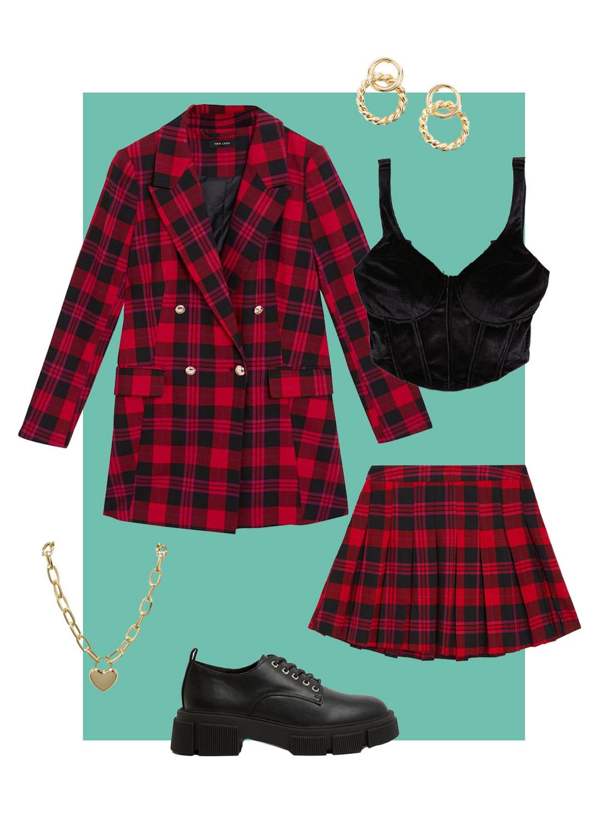 Anne-Marie red tartan check blazer  Anne-Marie black velvet corset  Anne-Marie red tartan mini skirt  Anne-Marie black chunky lace up shoes  Anne-Marie cream leather look chain shoulder bag  Anne-Marie gold circle earrings
