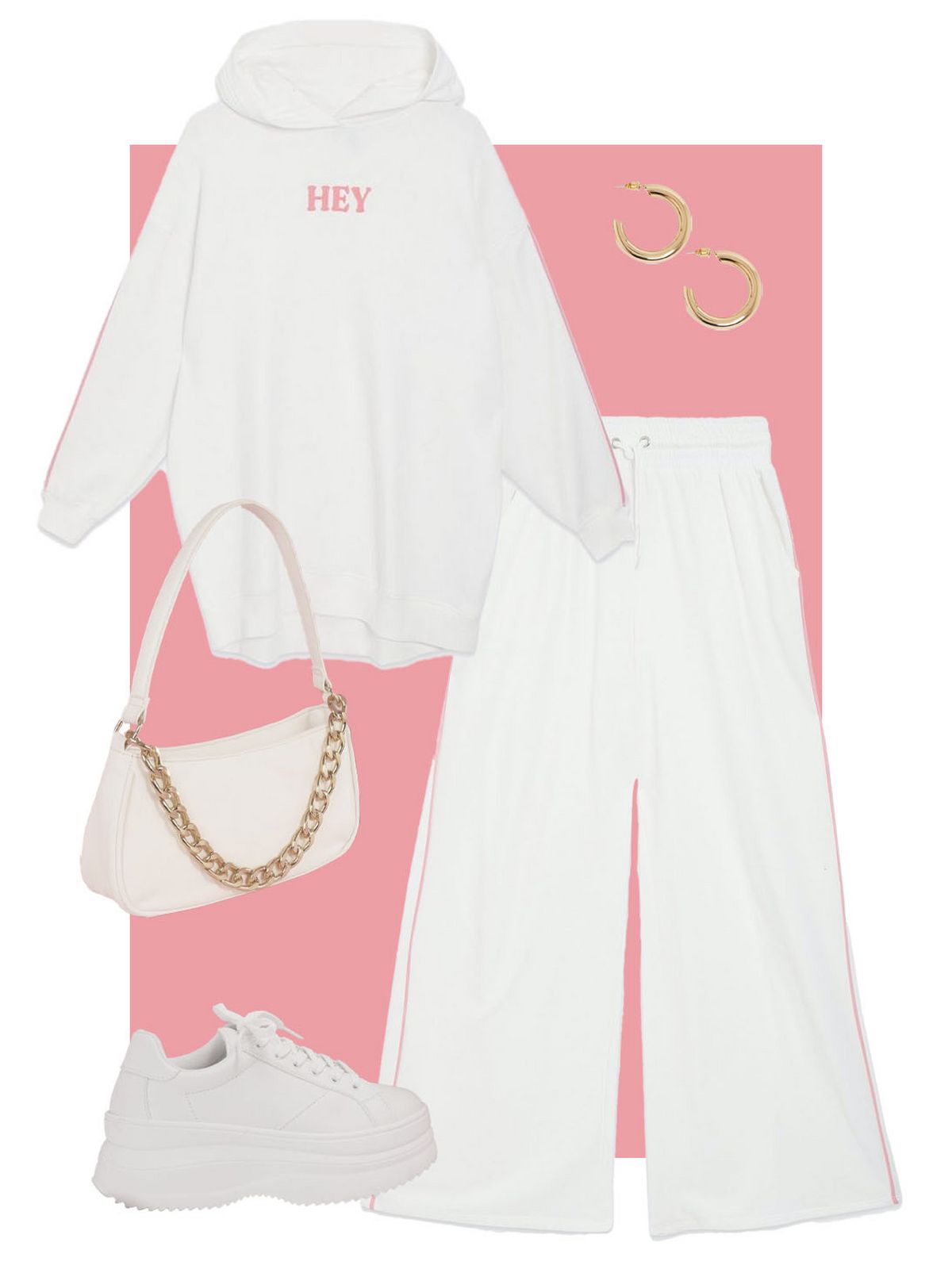 Anne-Marie hey you white pipe sleeve logo hoodie  Anne-Marie white piped wide leg joggers  Anne-Marie gold chunky hoop earrings  Anne-Marie cream leather look chain shoulder bag  Anne-Marie white leather look chunky lace up trainers